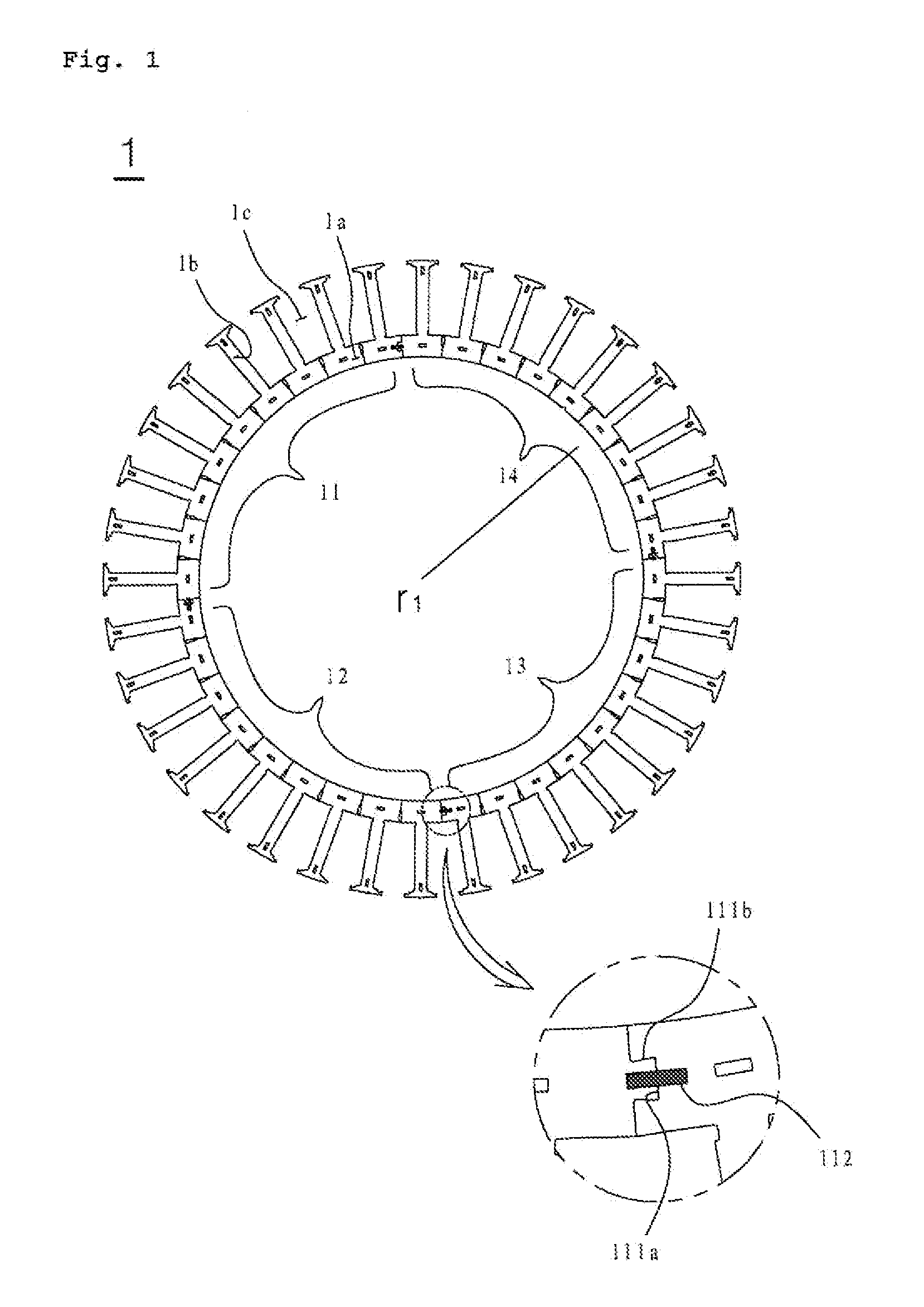 Stator core of motor for washing machine