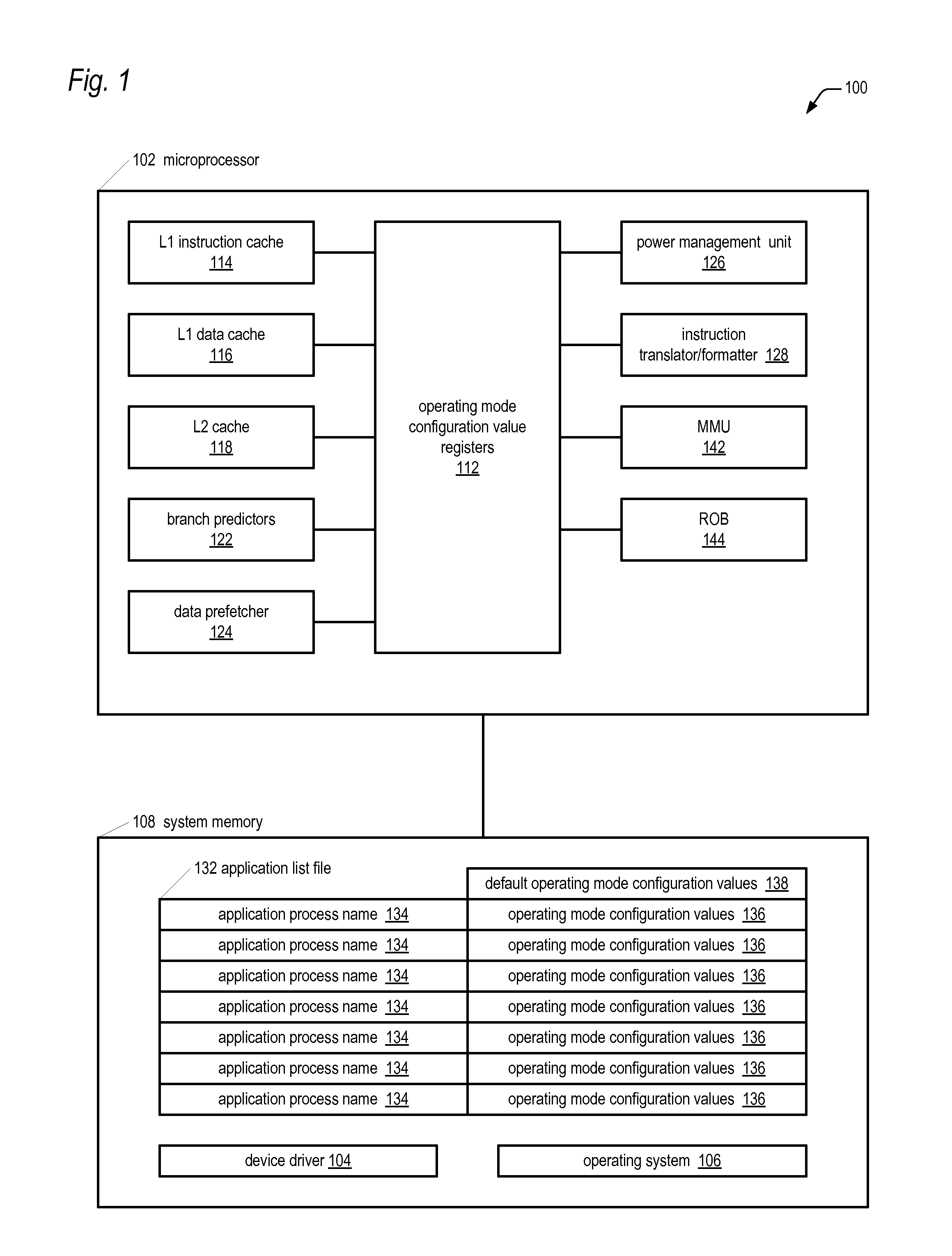 Microprocessor with multiple operating modes dynamically configurable by a device driver based on currently running applications