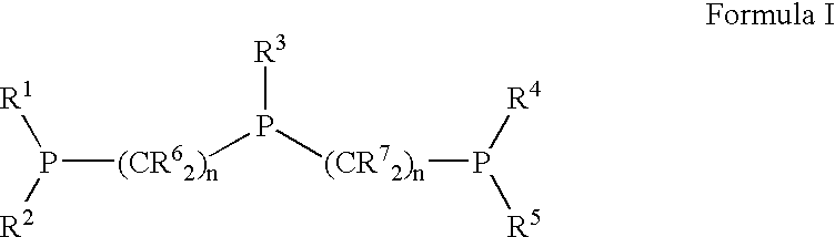 Novel tridentate phosphines and method of forming aldehyde hydrogenation catalysts