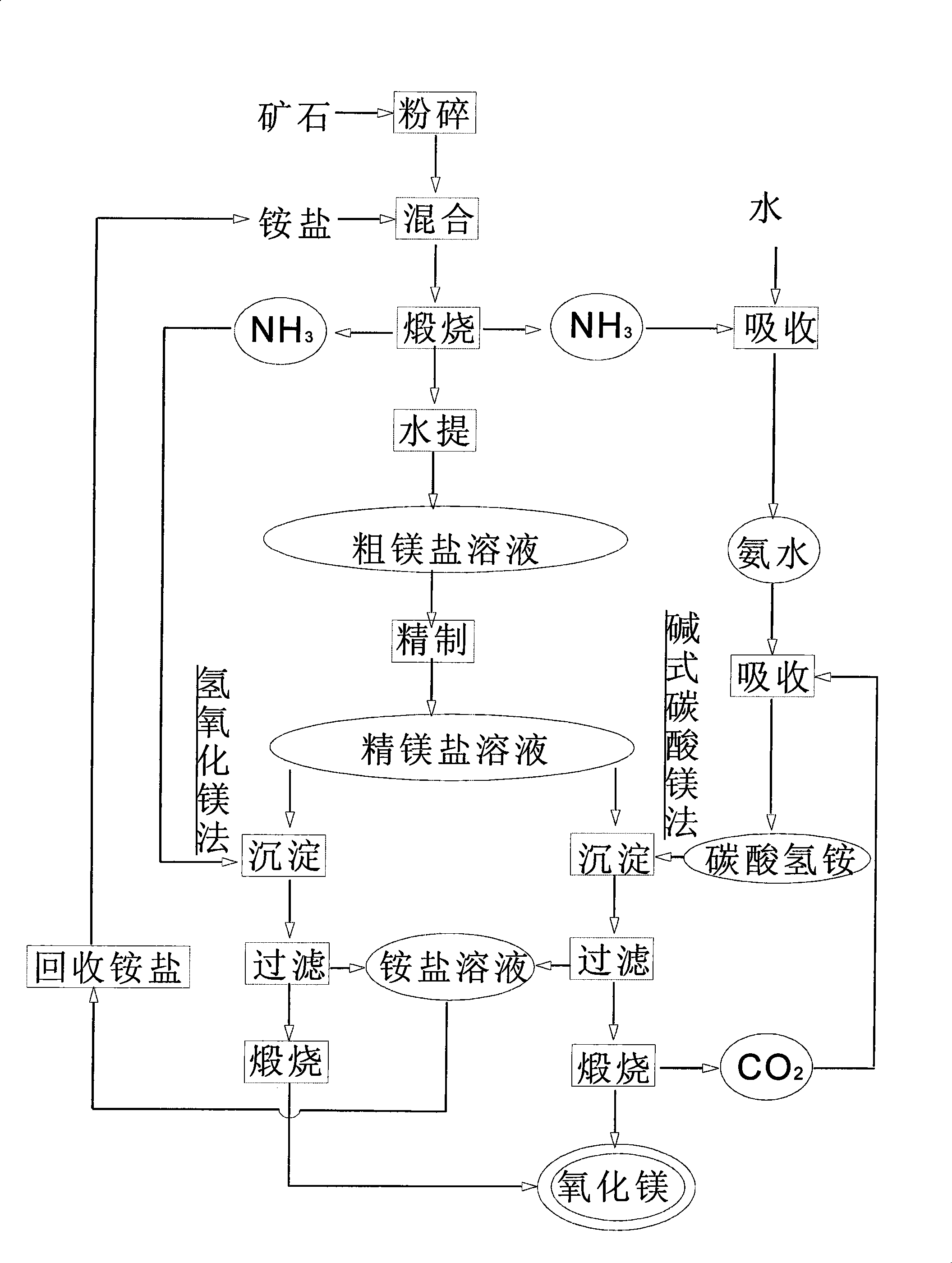 Method for preparing magnesian by calcining ammonium salt and magnesium-containing ore