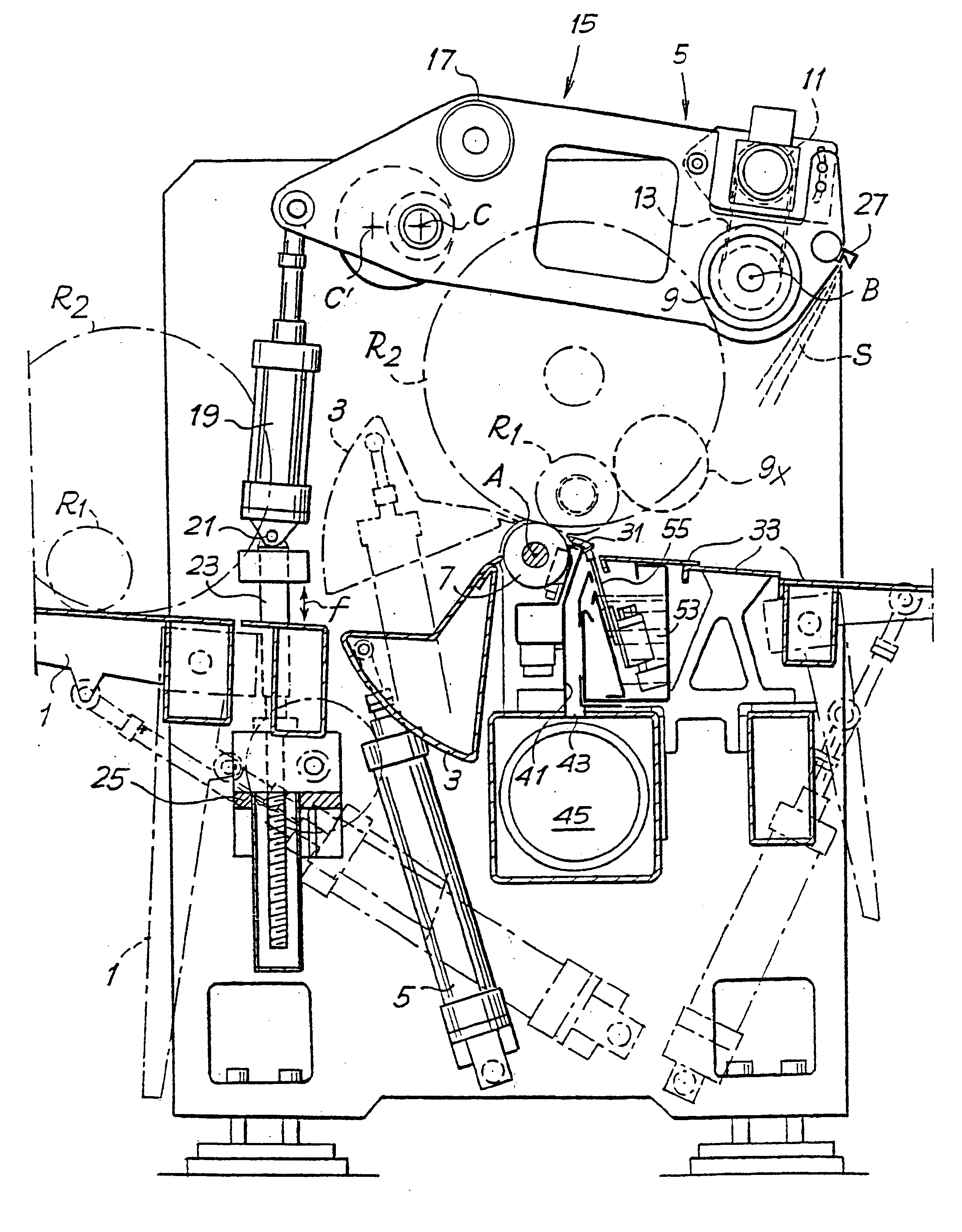 Device for gluing rolls of web material and associated method