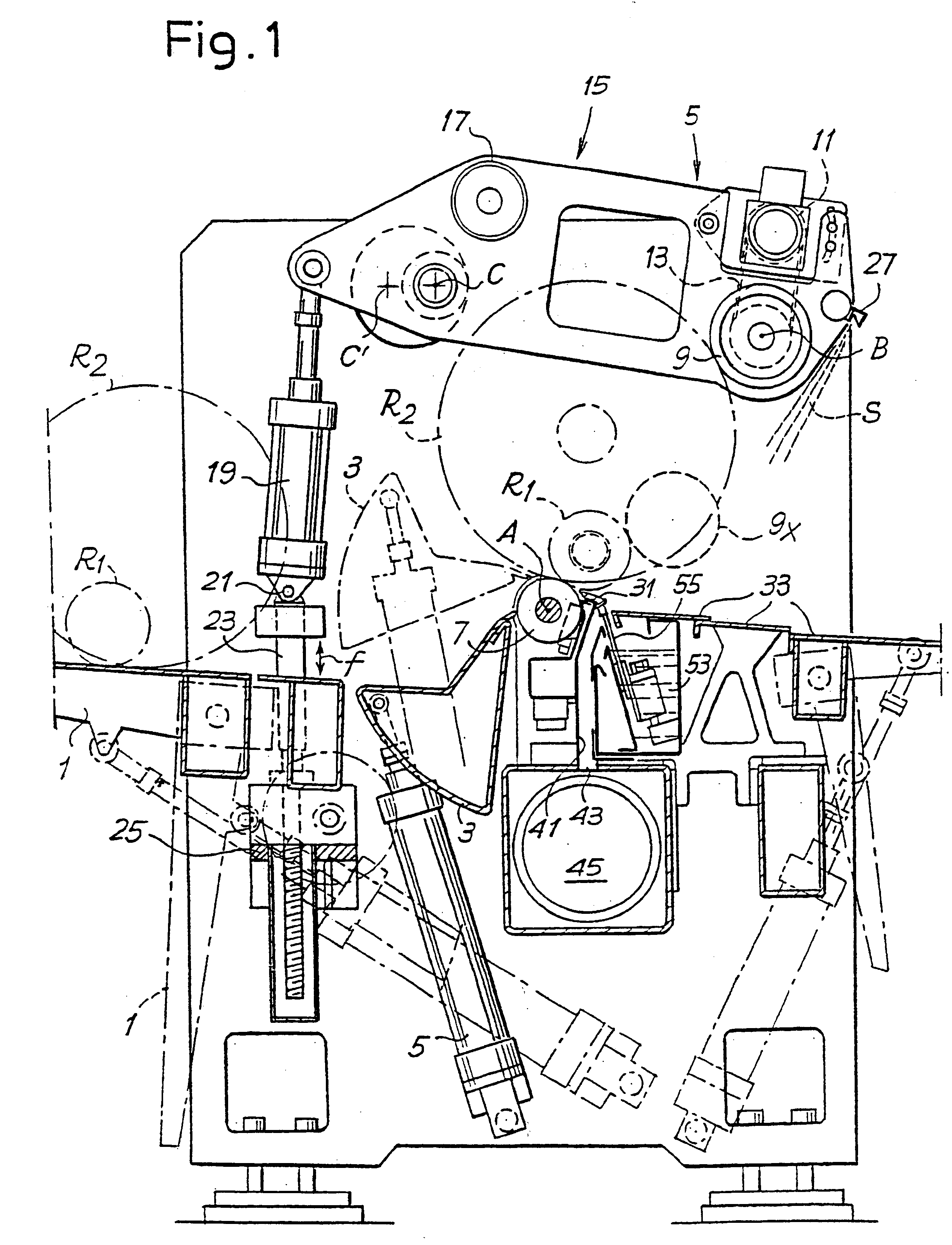 Device for gluing rolls of web material and associated method