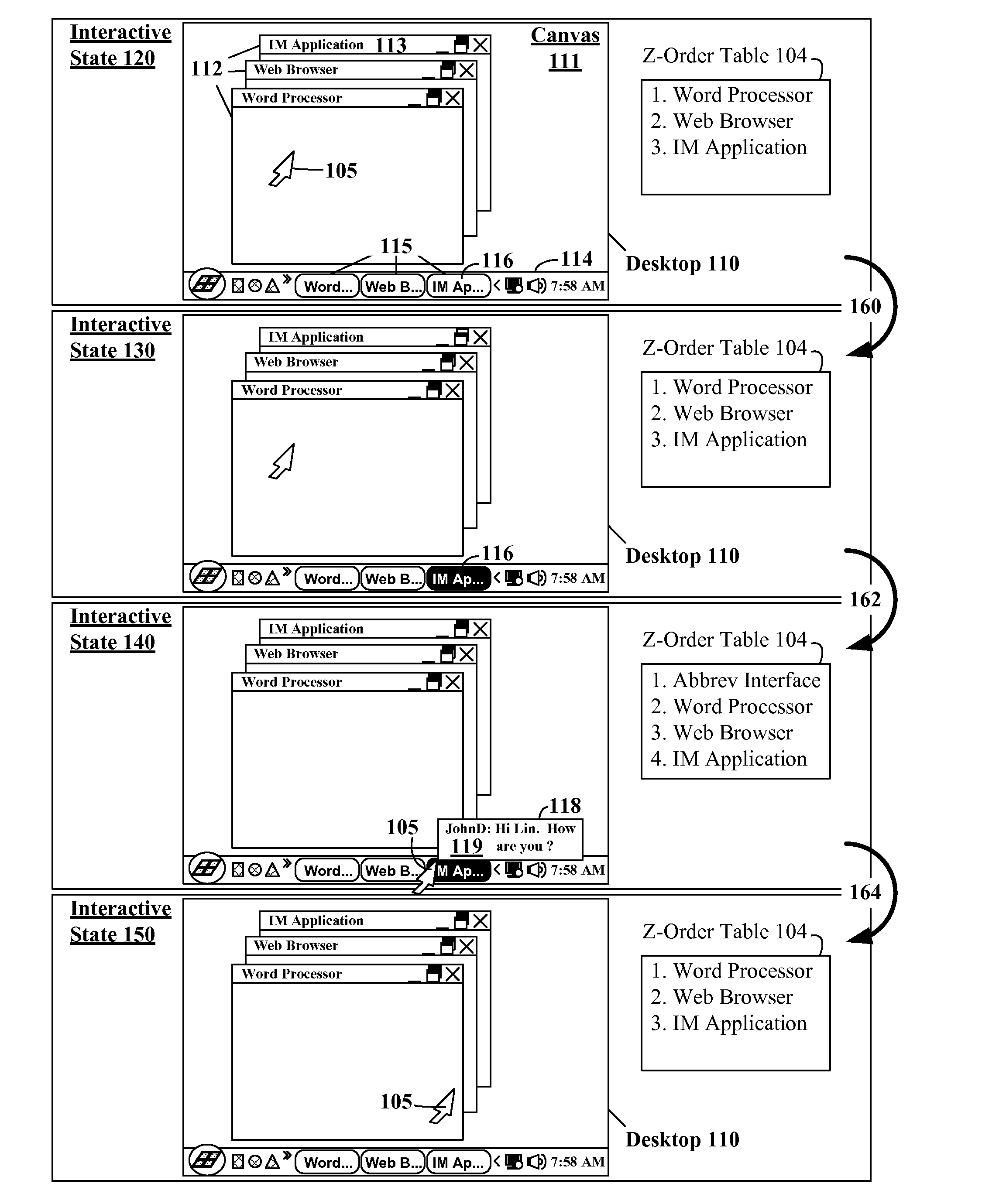 Abbreviated user interface for instant messaging to minimize active window focus changes