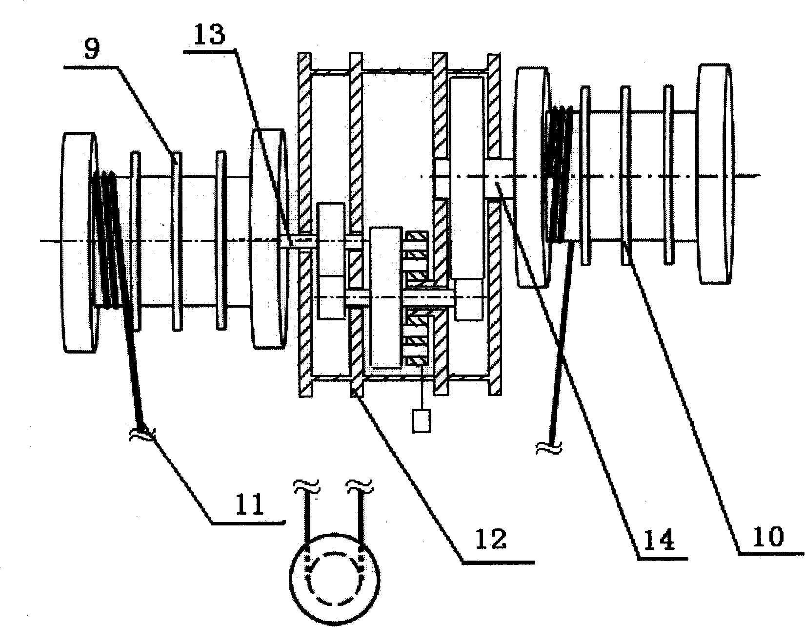 Self-adaption constant torque moment rope-storing system for rock roadway subsidiary transport system