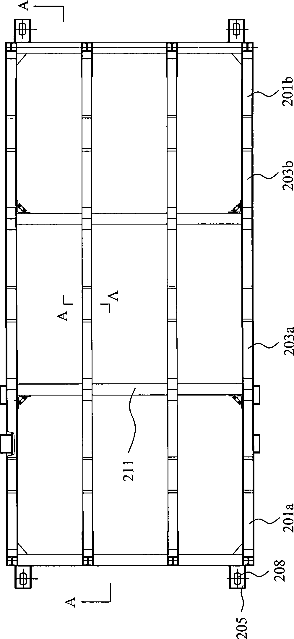 Plate-frame type containers, and open top wagon carriage and flat car equipped therewith