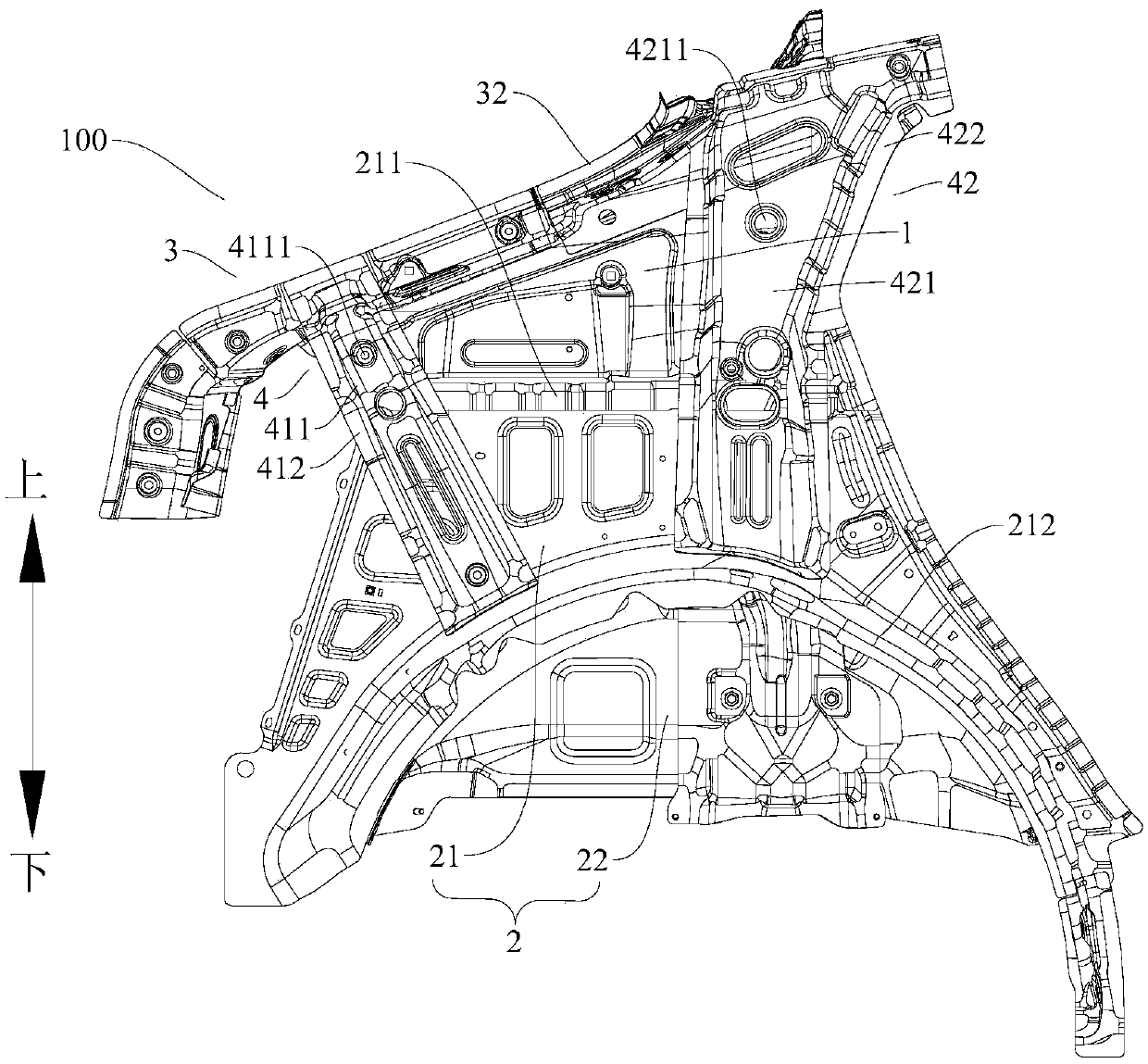 Side wall inner plate rear section assembly structure and vehicle with same