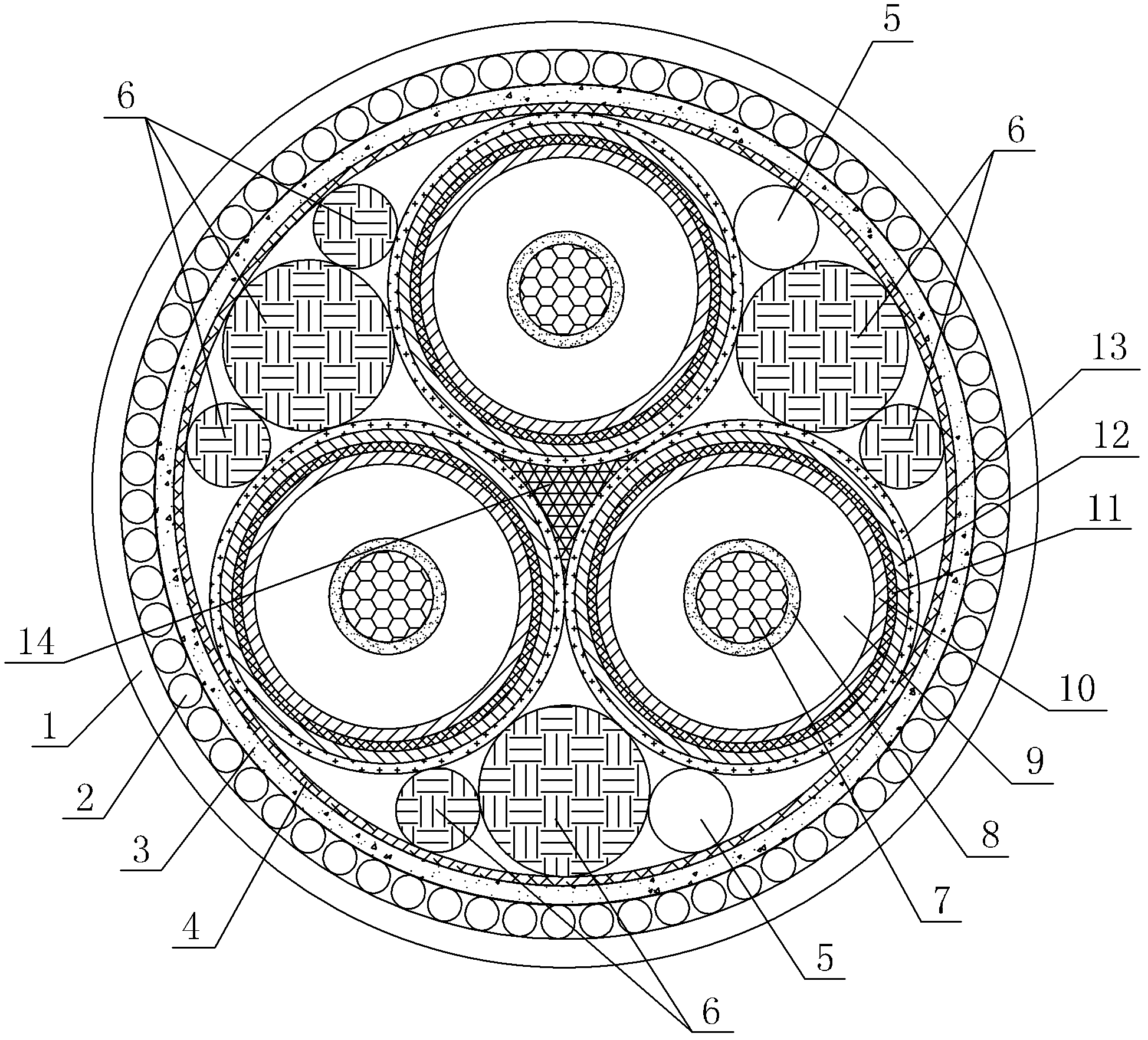 Three-core photoelectric composite submarine cable with 220kV rated voltage