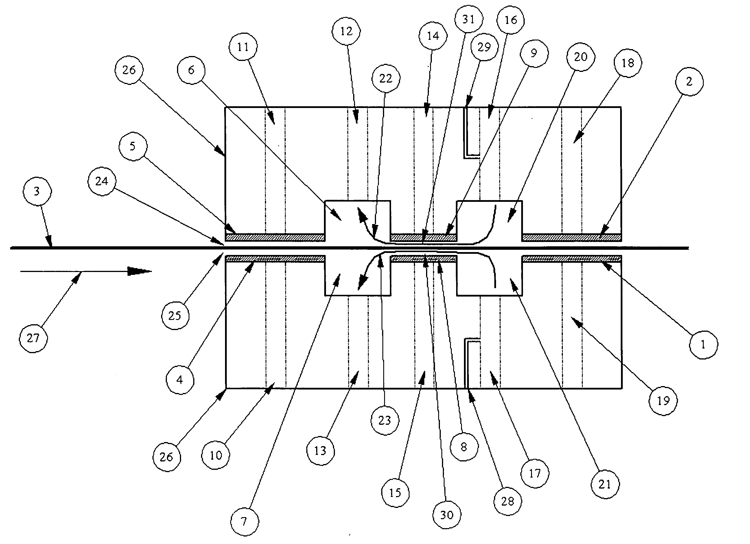 Method and apparatus for in-line processing and immediately sequential or simultaneous processing of flat and flexible substrates through viscous shear in thin cross section gaps for the manufacture of micro-electronic circuits or displays