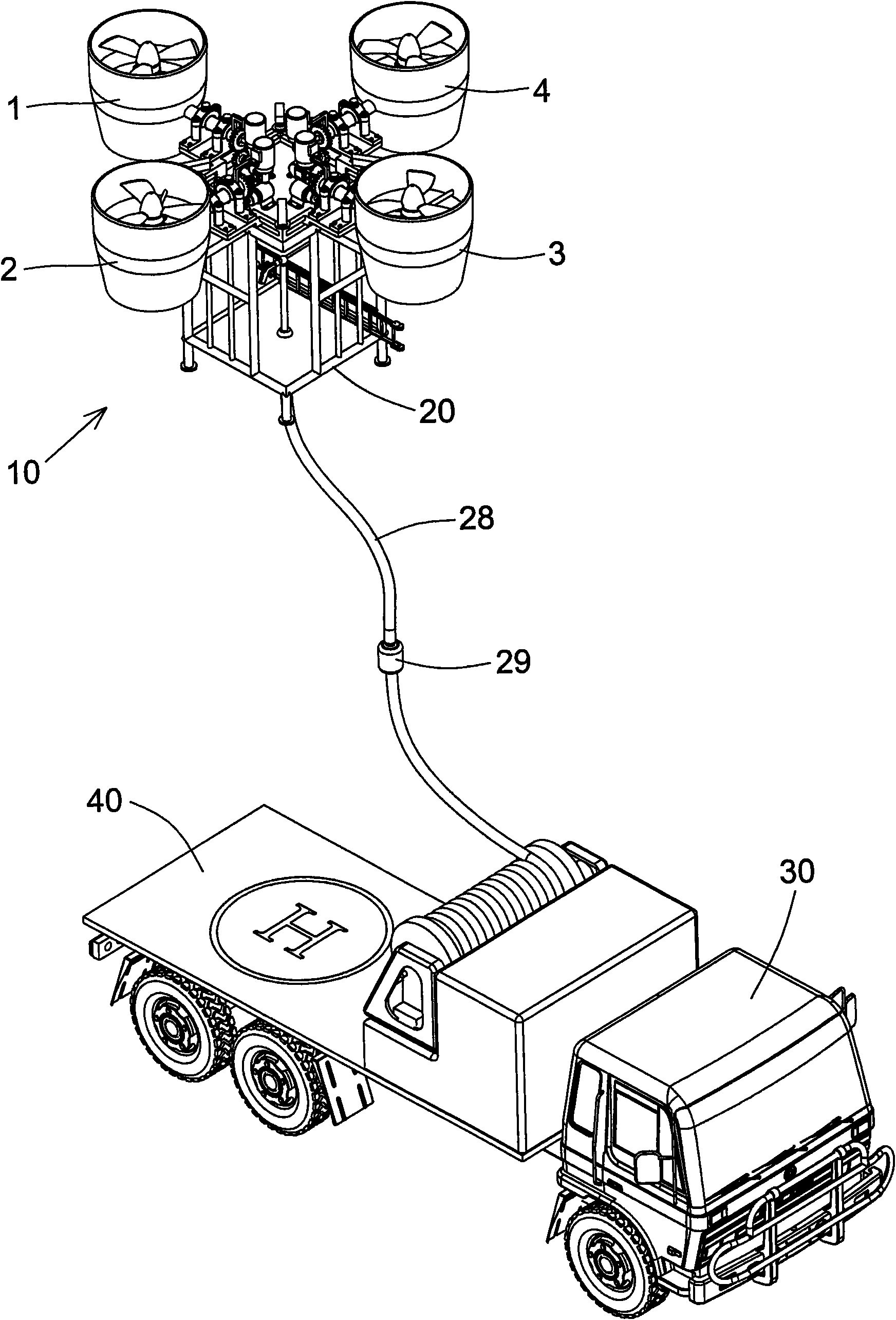 Ducted fan flexible aerial ladder fire truck