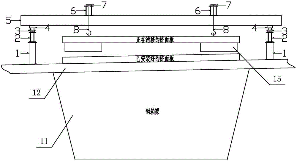 Installation device for a prefabricated bridge deck