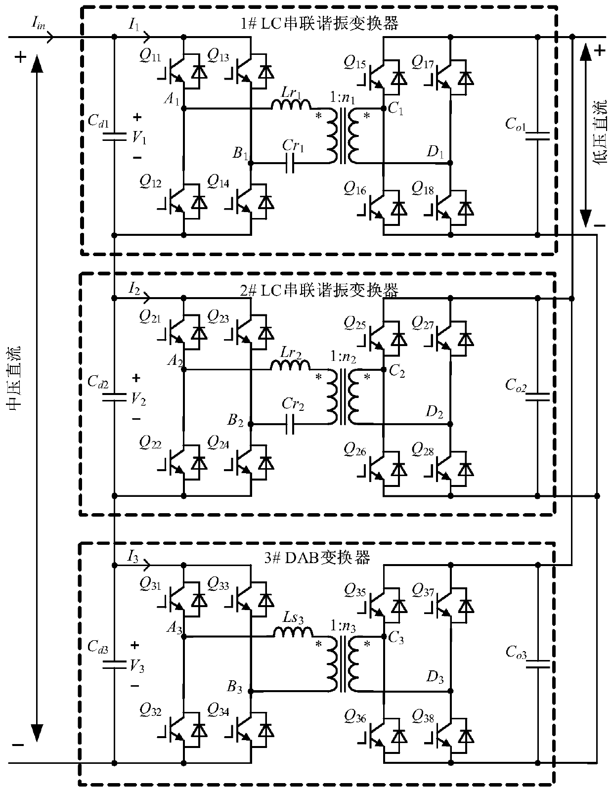 Combined input-series output-parallel direct current transformer suitable for medium voltage direct current power distribution network and control method thereof