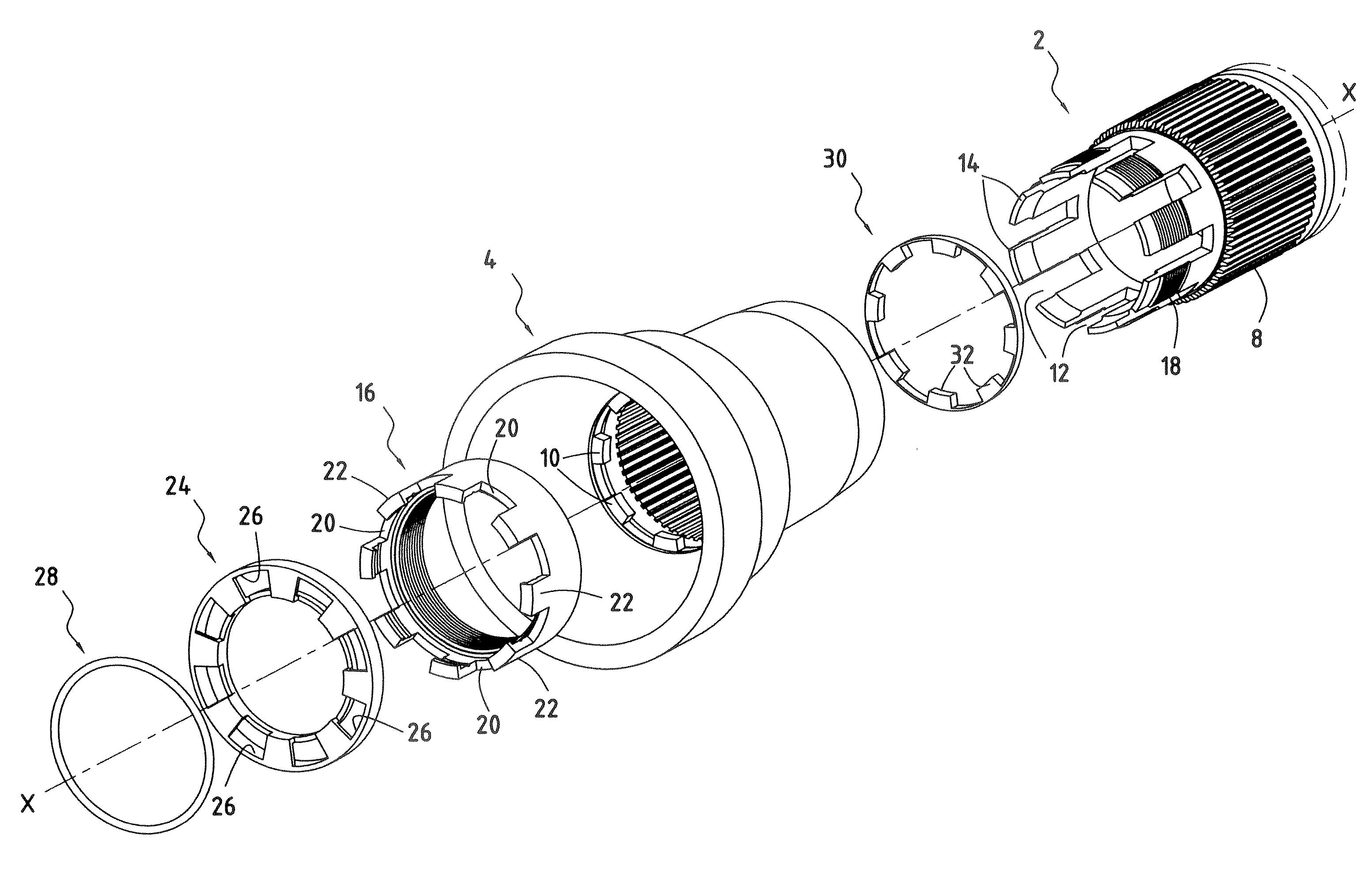 Radially-compact assembly between a turbine shaft and a stub axle of a turbomachine compressor shaft