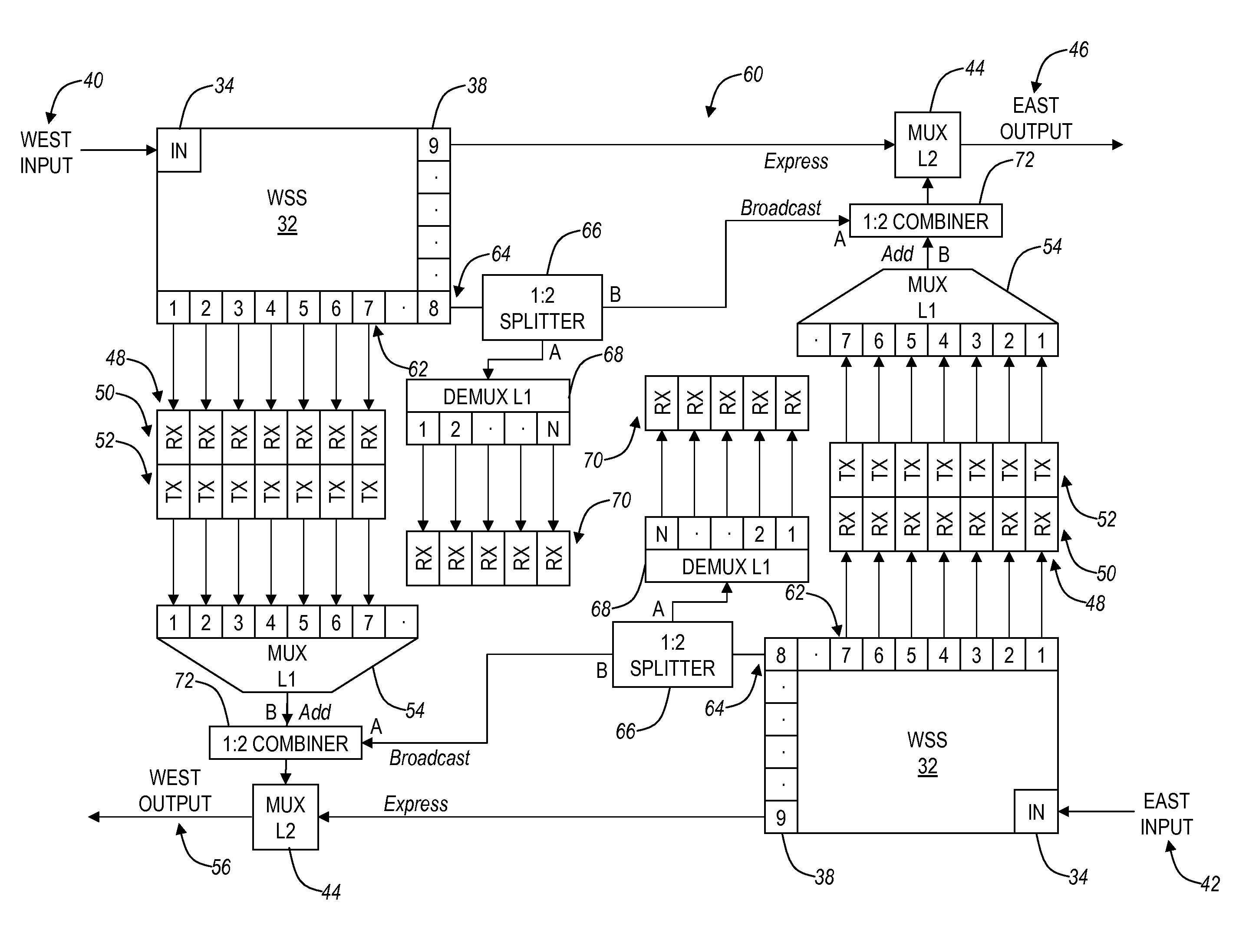 Wavelength-switched optical add-drop multiplexer with wavelength broadcasting capability