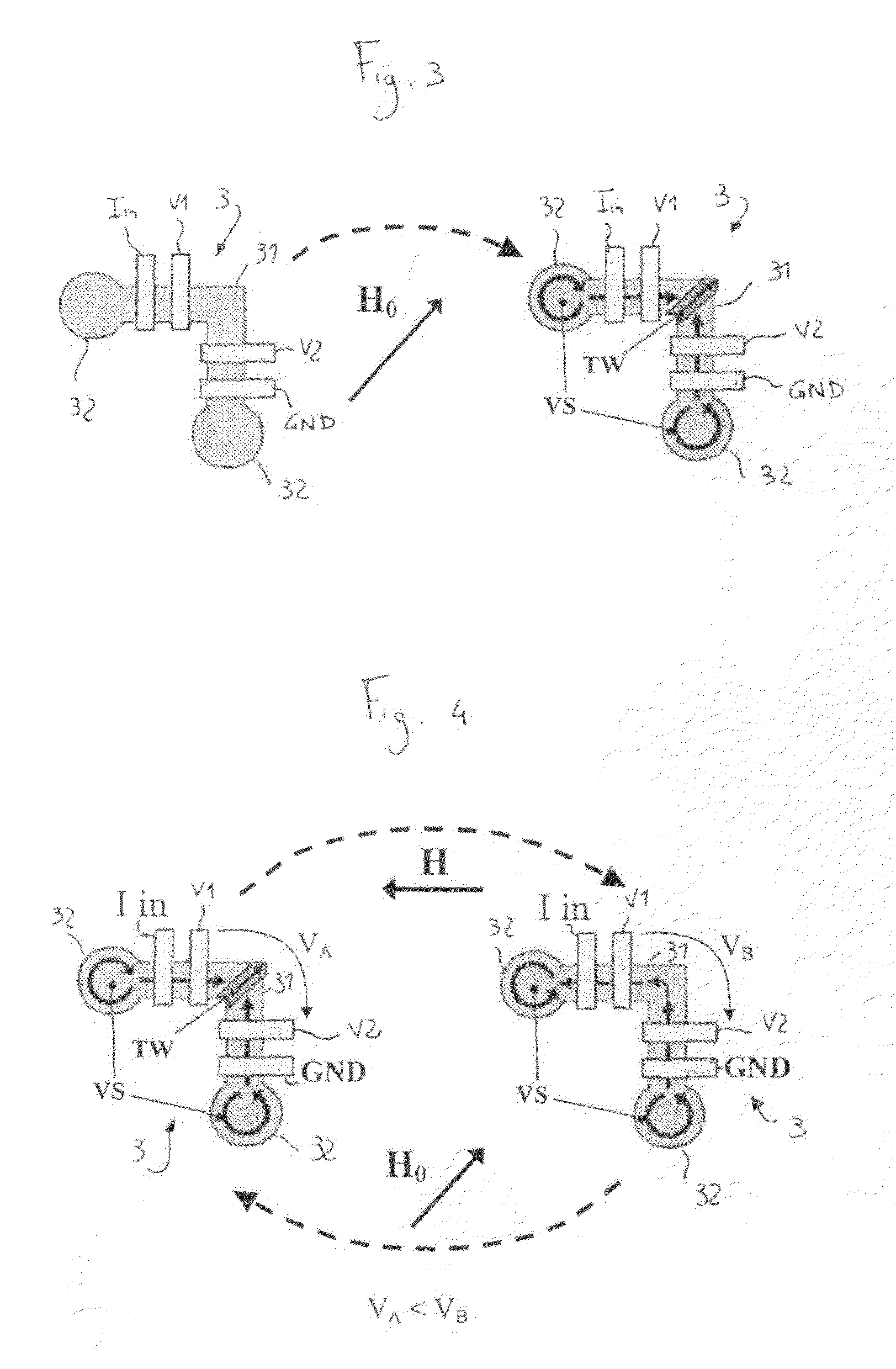 Spintronic magnetic nanoparticle sensors with an active area located on a magnetic domain wall