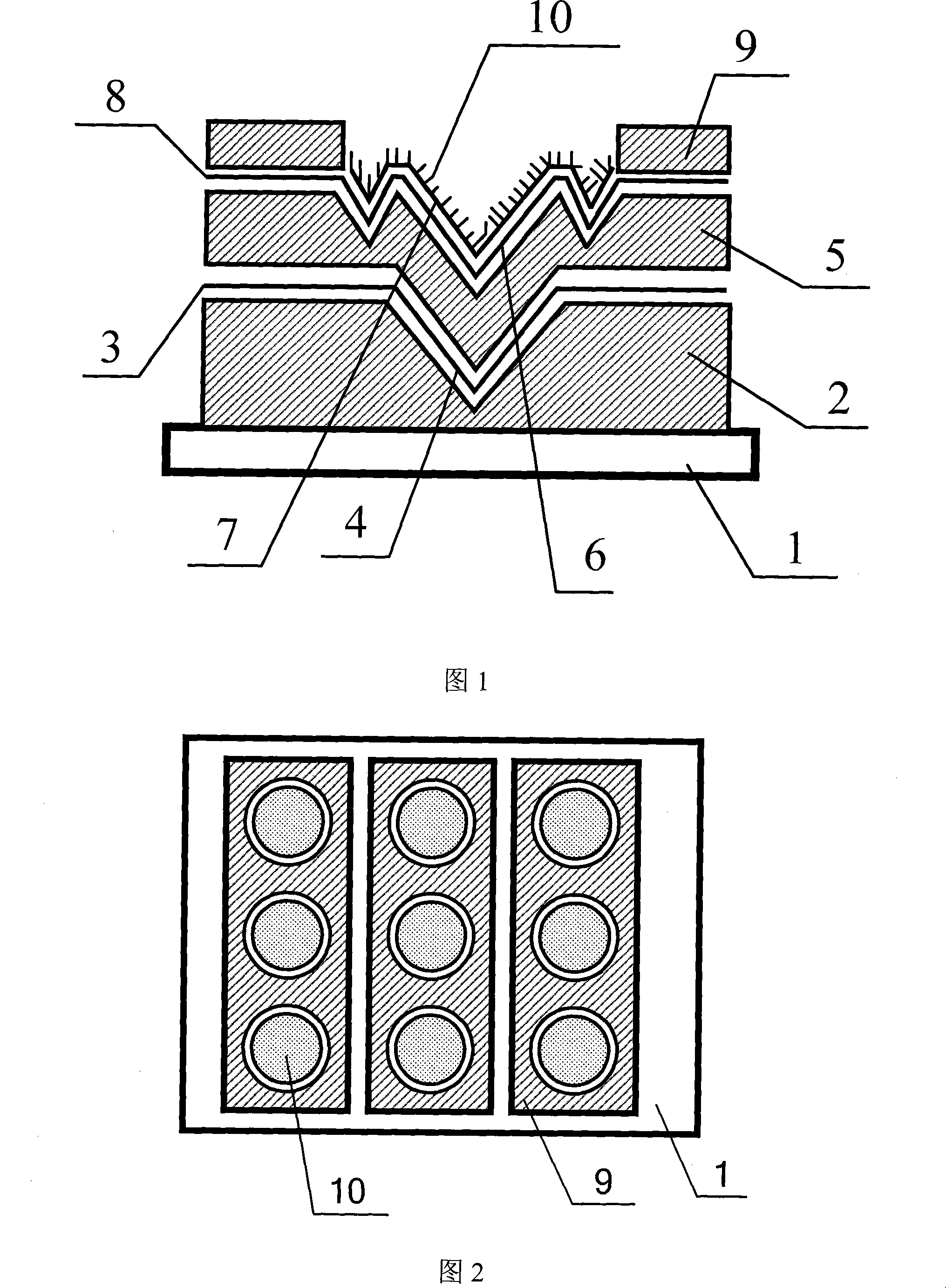 Planar display device with reversed-angle laminated multi-bending cathode structure and its production