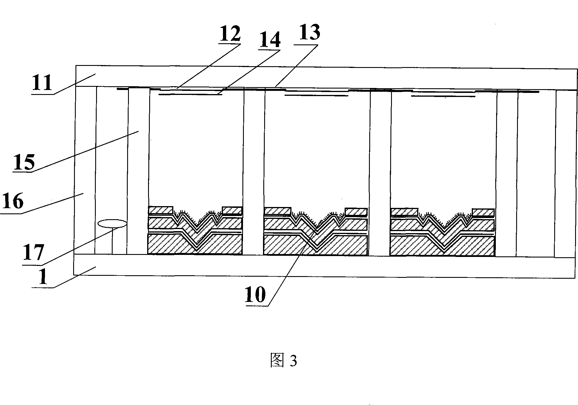 Planar display device with reversed-angle laminated multi-bending cathode structure and its production