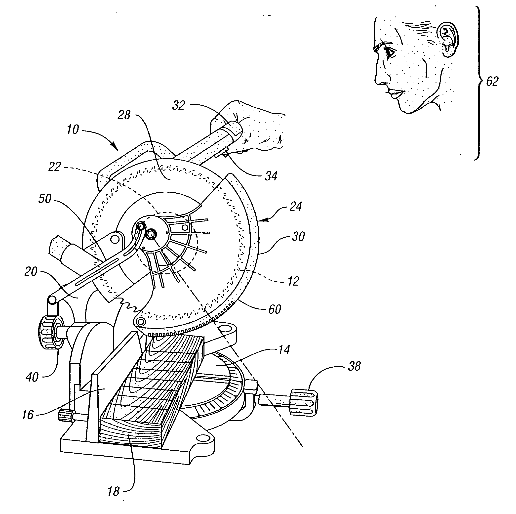 Miter saw having a light beam alignment system