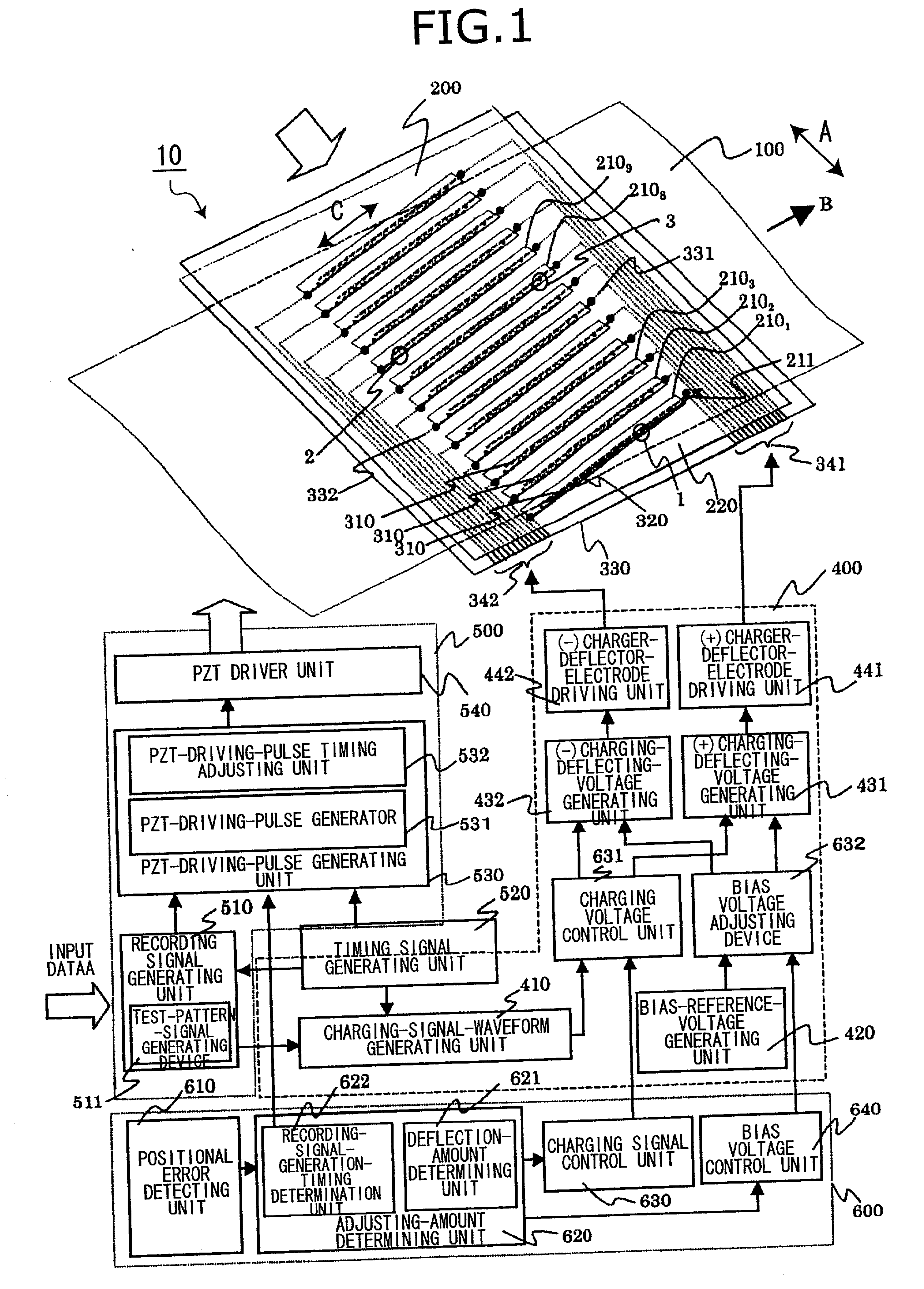 Ink jet recording device capable of controlling impact positions of ink droplets in electrical manner