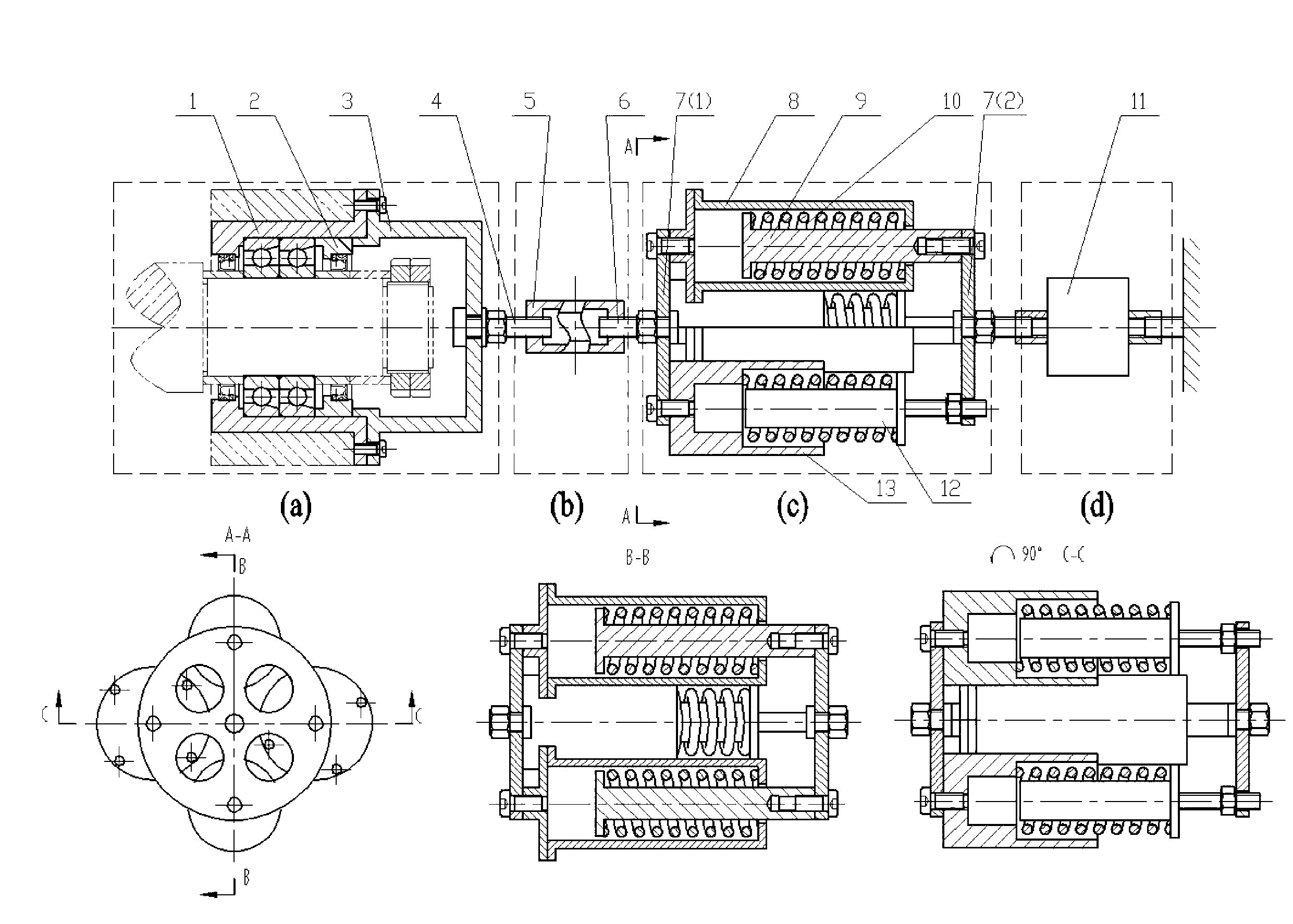 Bidirectional pressure regulating pre-tensioner for electric spindle angular contact ball bearing