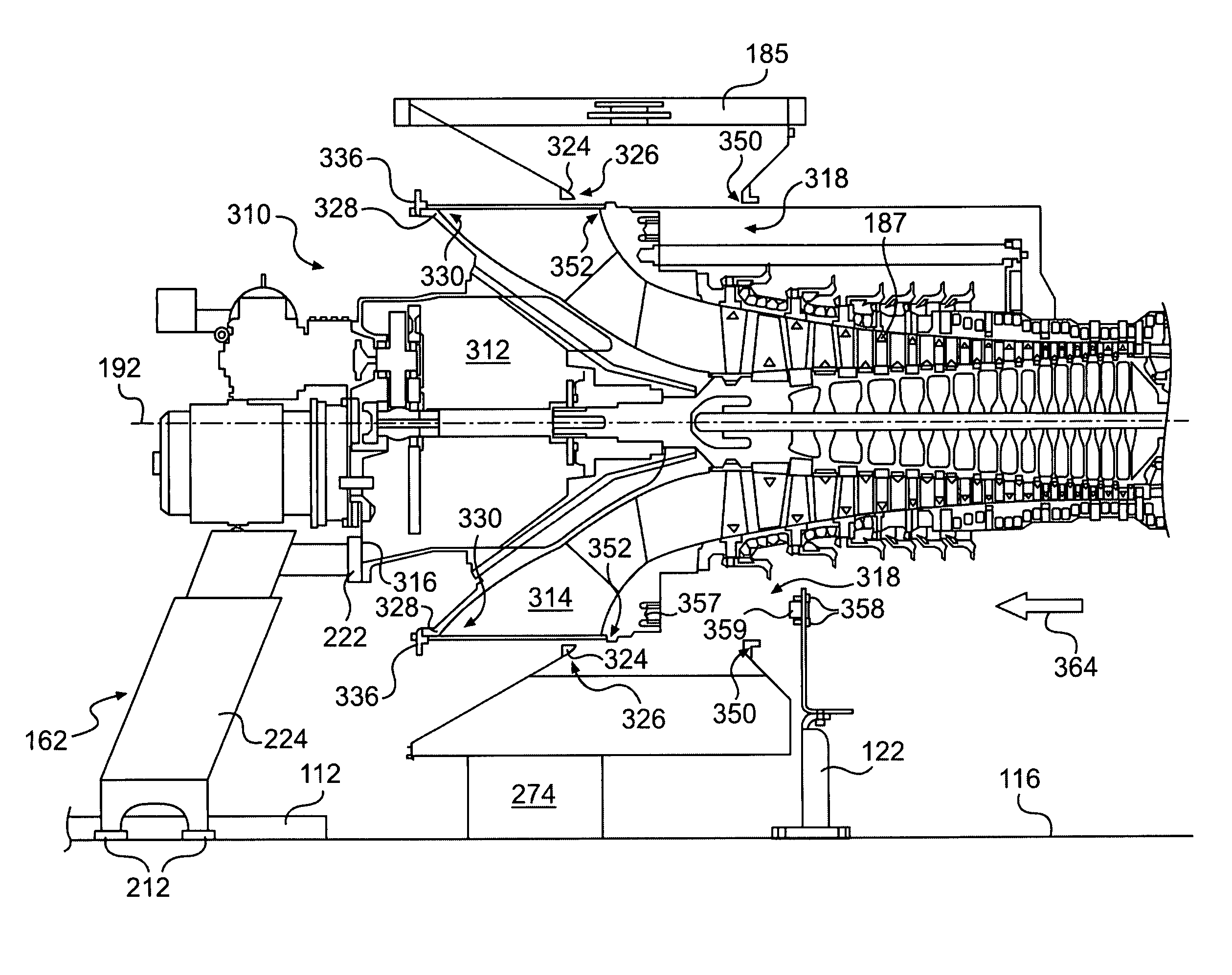 Gas turbine engine and system for servicing a gas turbine engine