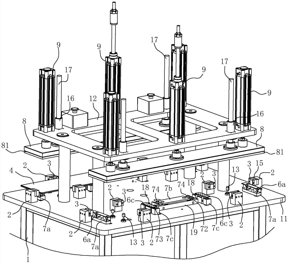 Bonding tool for bonding multiple parts to glass panels at the same time