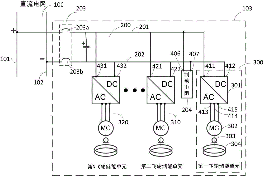 Flywheel array energy storage system with flywheel energy storage units connected in parallel