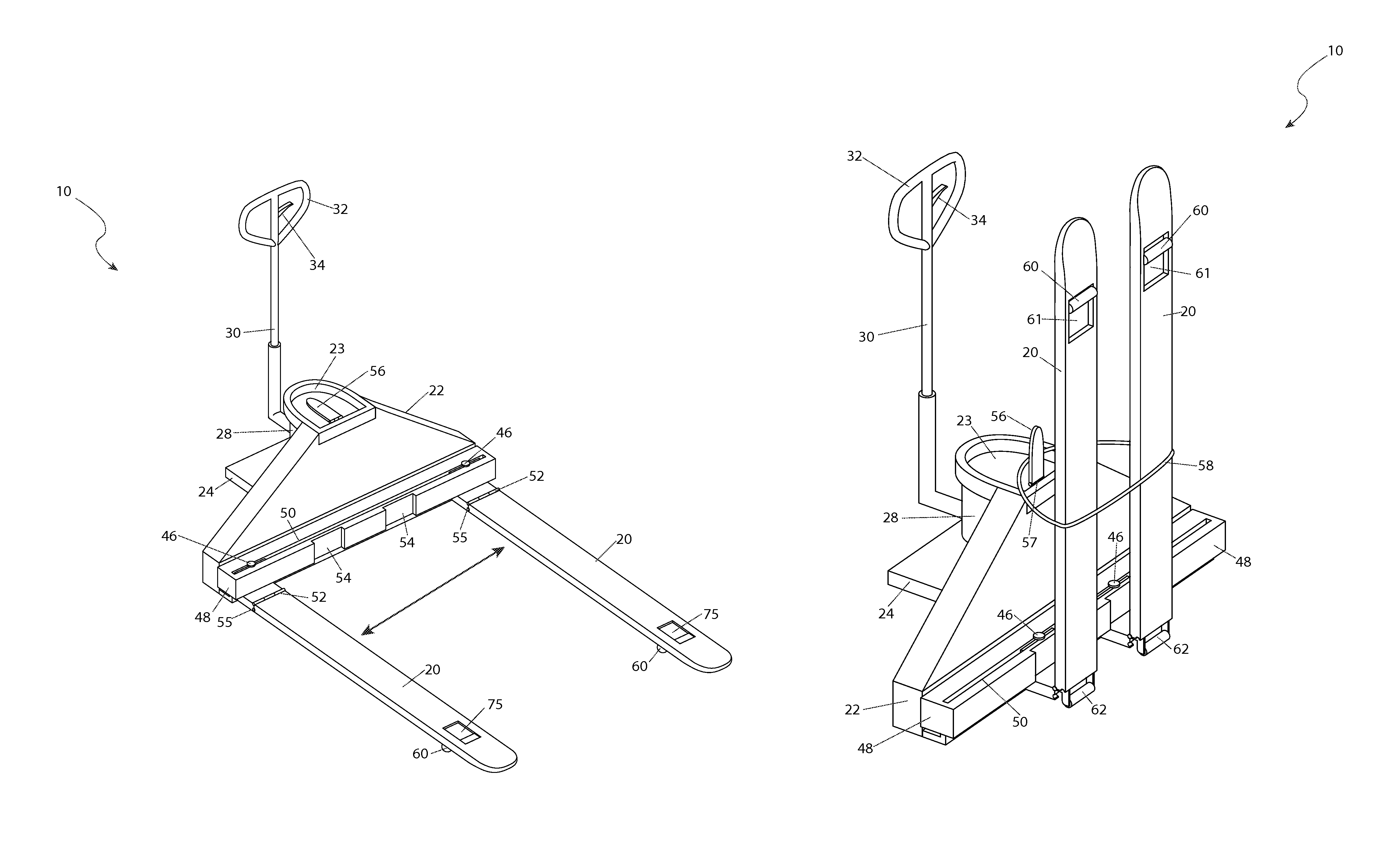 Foldable and width adjustable pallet jack