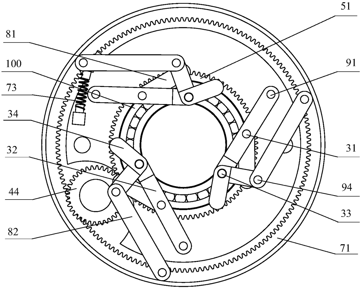 Adaptive underactuated robotic hand device with double-ring rotating multi-finger flat gripper