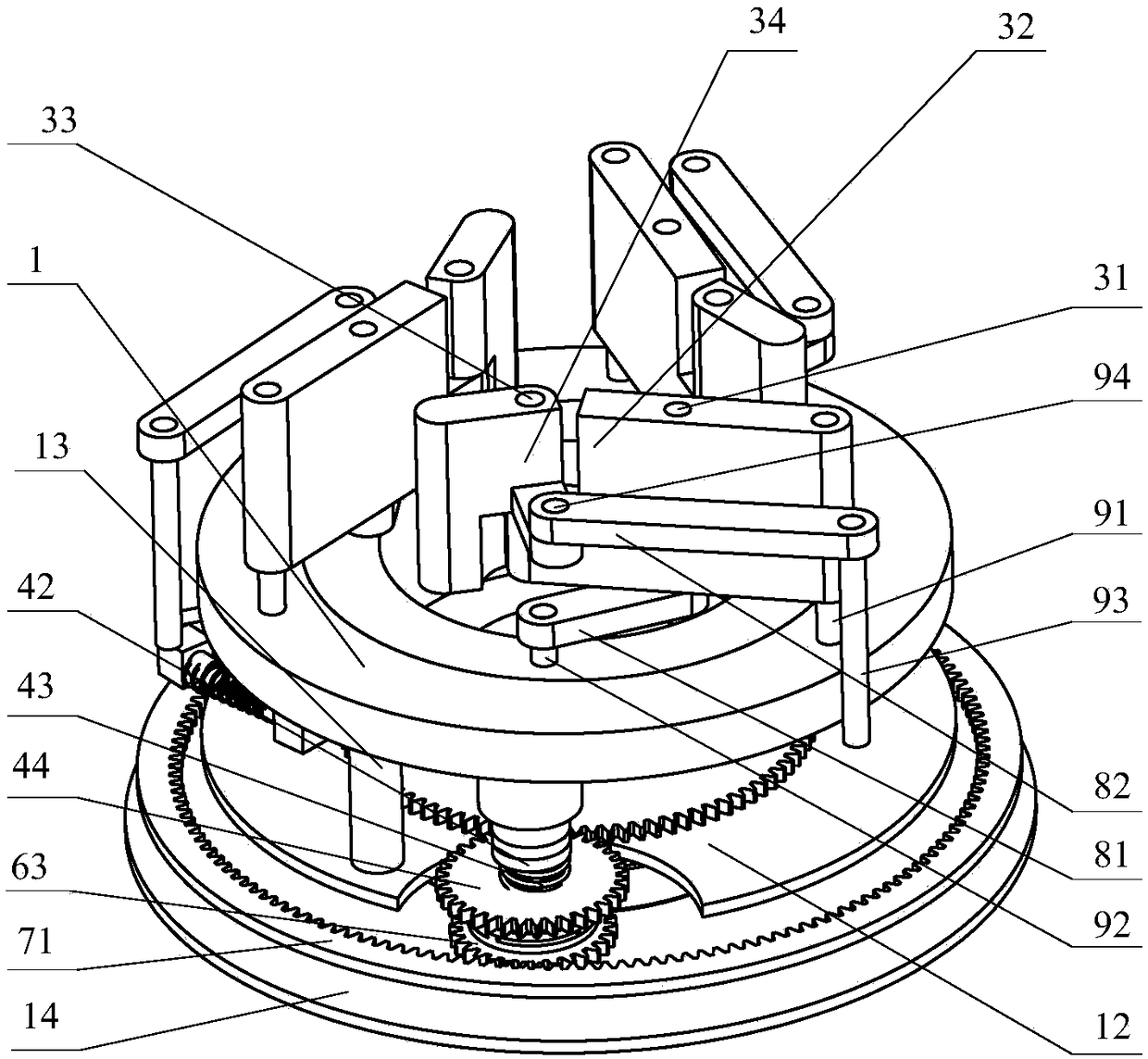 Adaptive underactuated robotic hand device with double-ring rotating multi-finger flat gripper