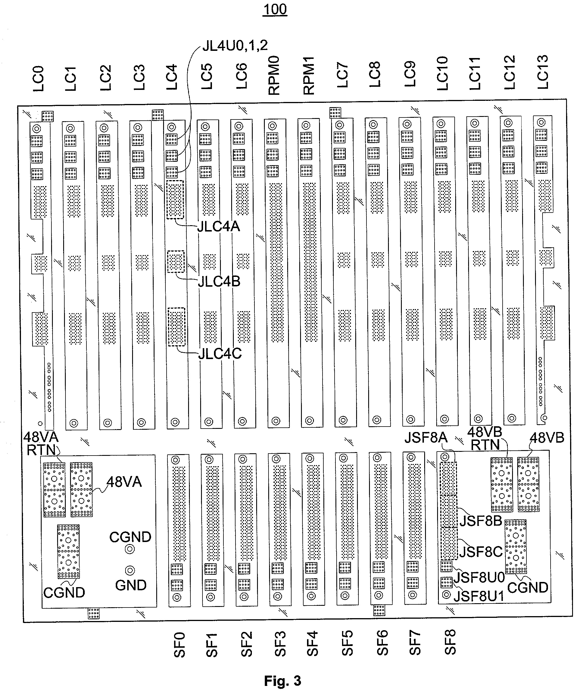 High-speed router with single backplane distributing both power and signaling