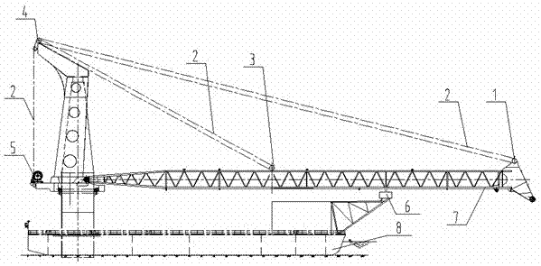 Pretension and lay-off method and device of crane jib for ship