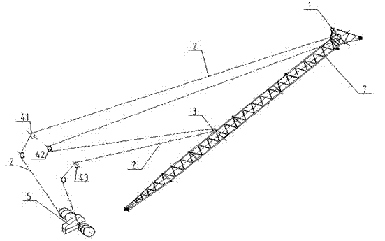 Pretension and lay-off method and device of crane jib for ship