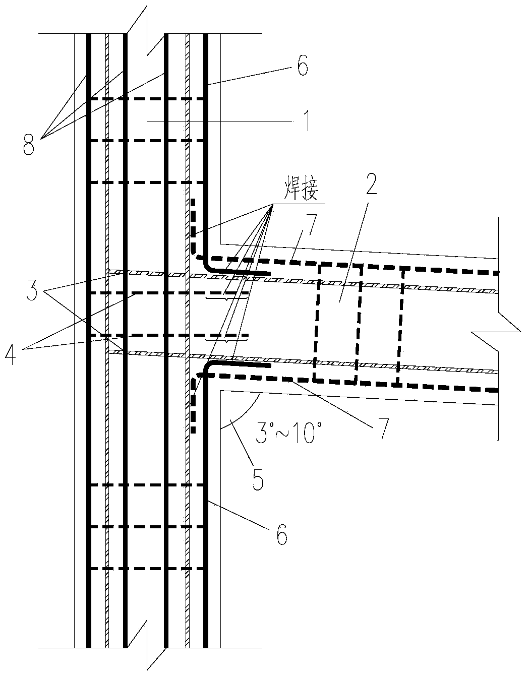 Steel reinforced concrete column-steel reinforced concrete inclined beam T-shaped joint