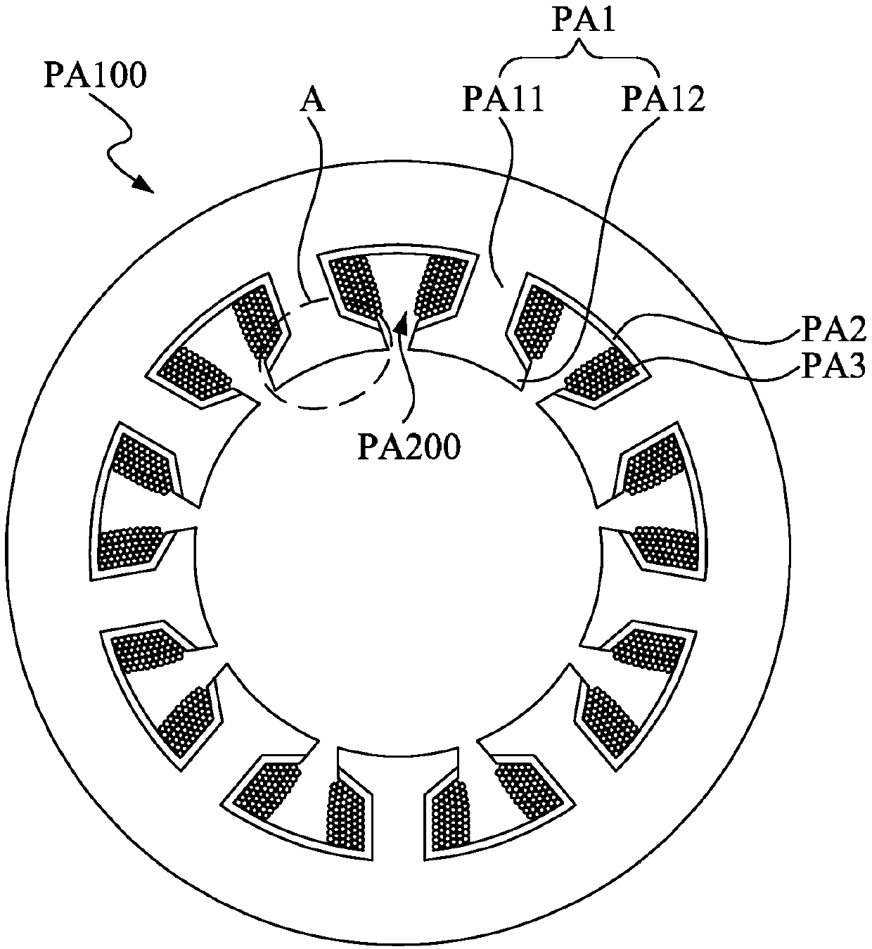 Stator winding insulation structure adhered to two stator teeth