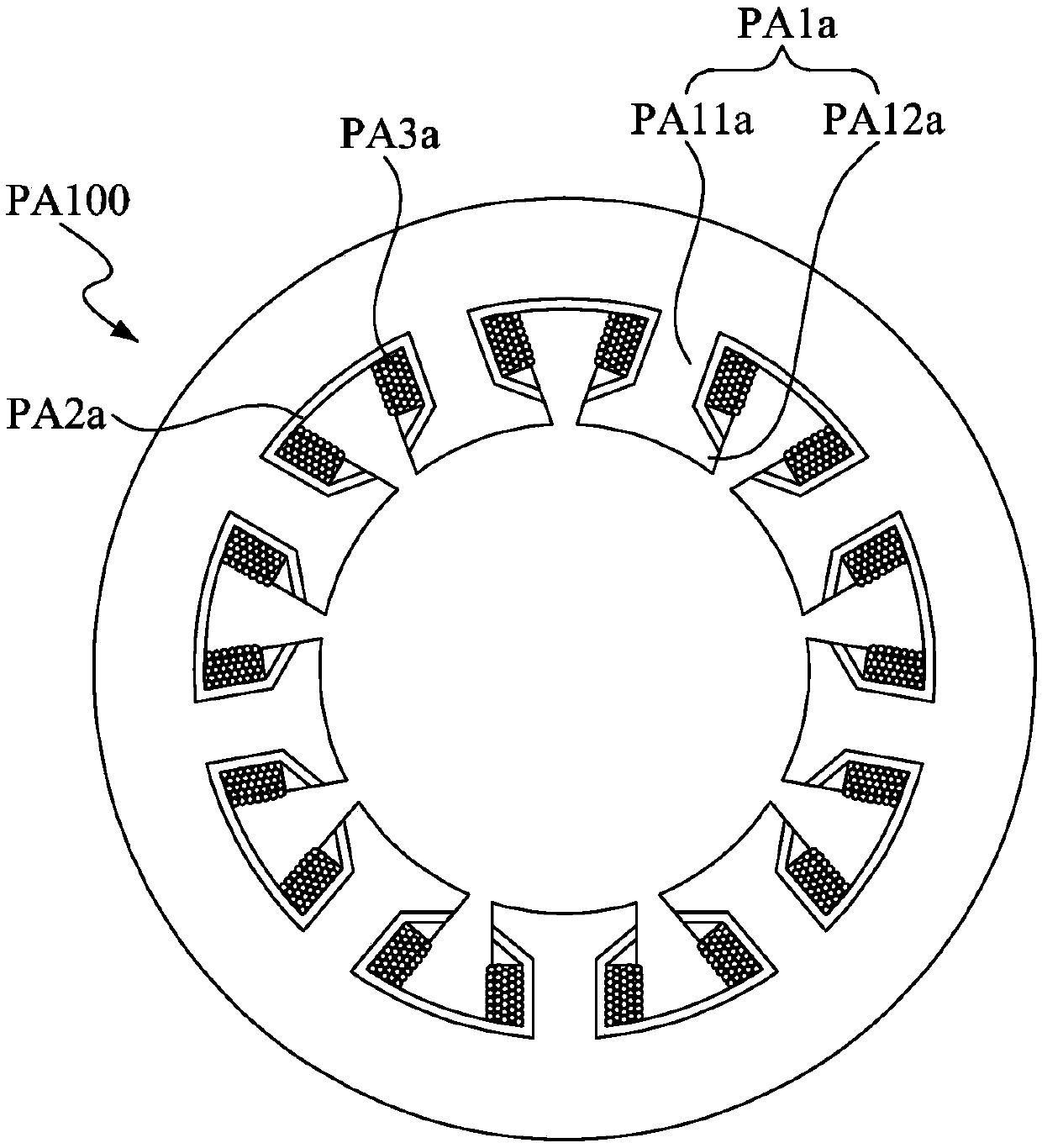 Stator winding insulation structure adhered to two stator teeth