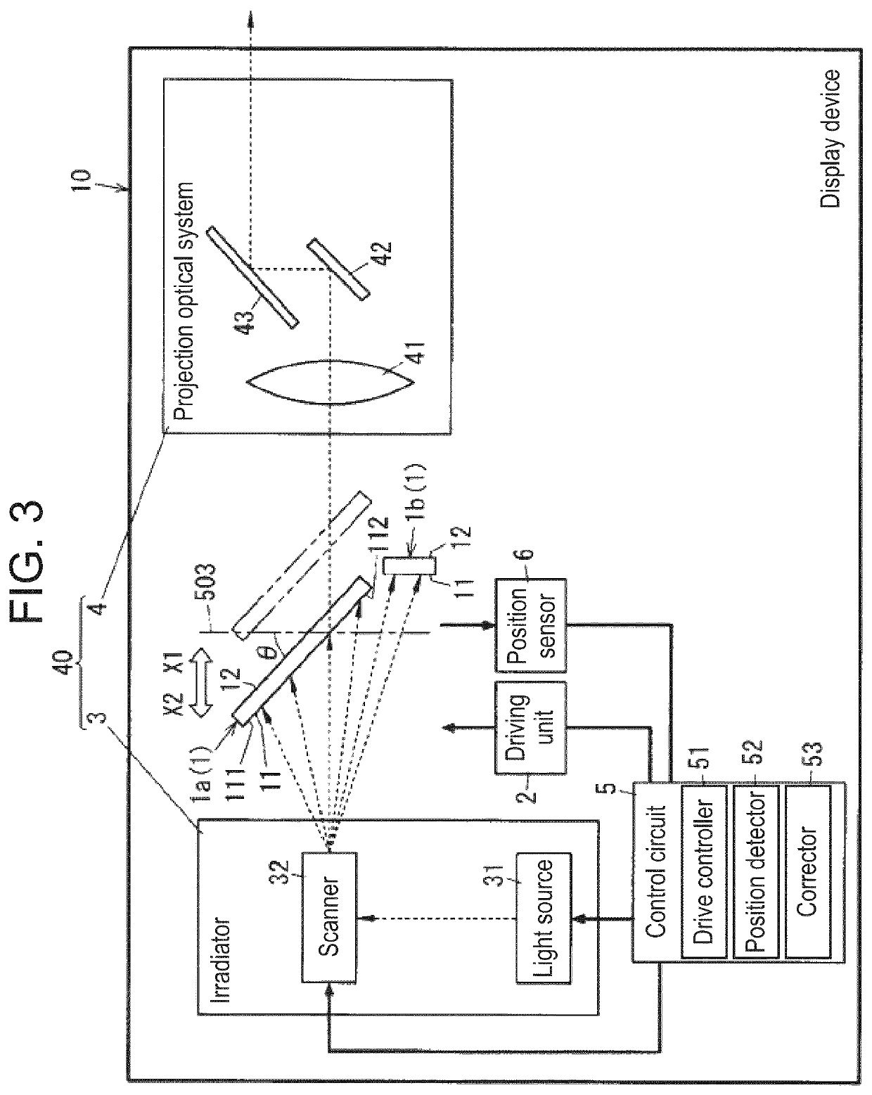 Display device, method for controlling display device, program, recording medium, and moving body equipped with display device