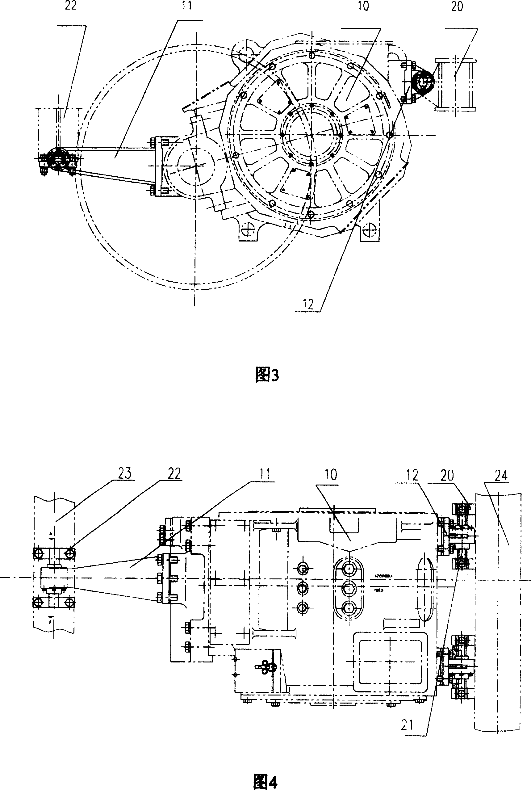 Tractive motor hanging method and bogie for three-axial locomotive