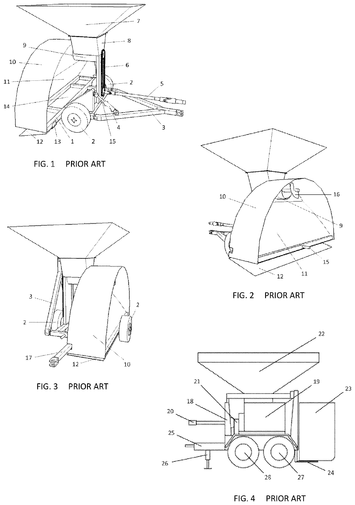 Self-trailering grain bagging machine on four wheels