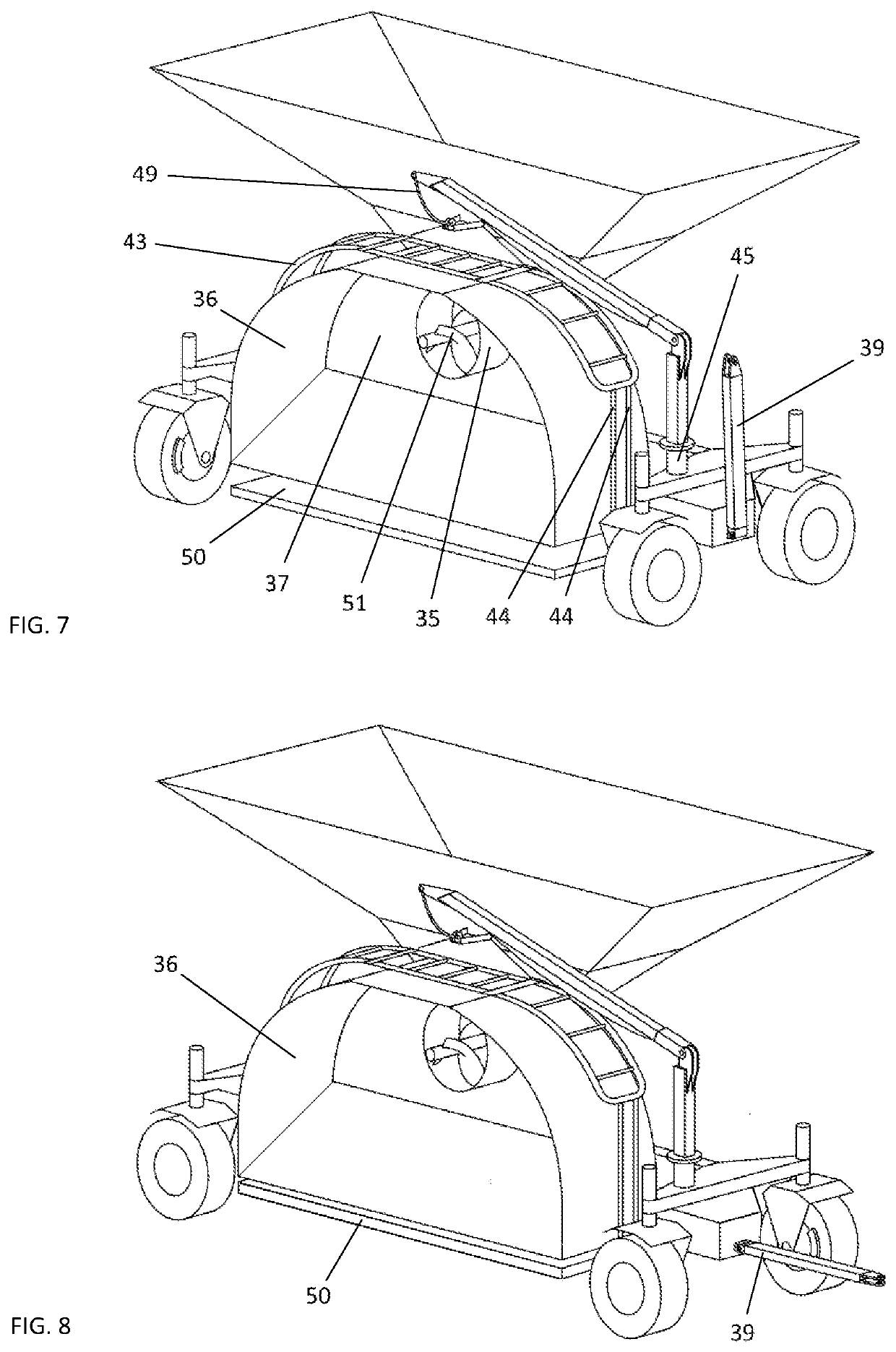 Self-trailering grain bagging machine on four wheels