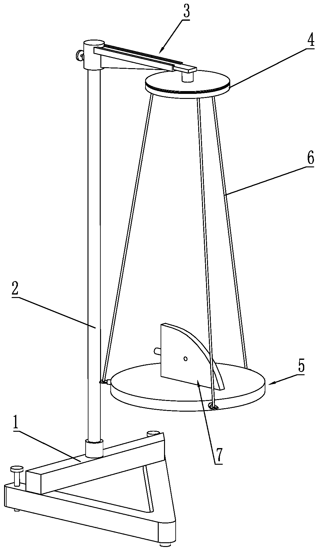 Rigid body accurate positioning three-line pendulum for verifying rigid body rotational inertia vertical axis theorem