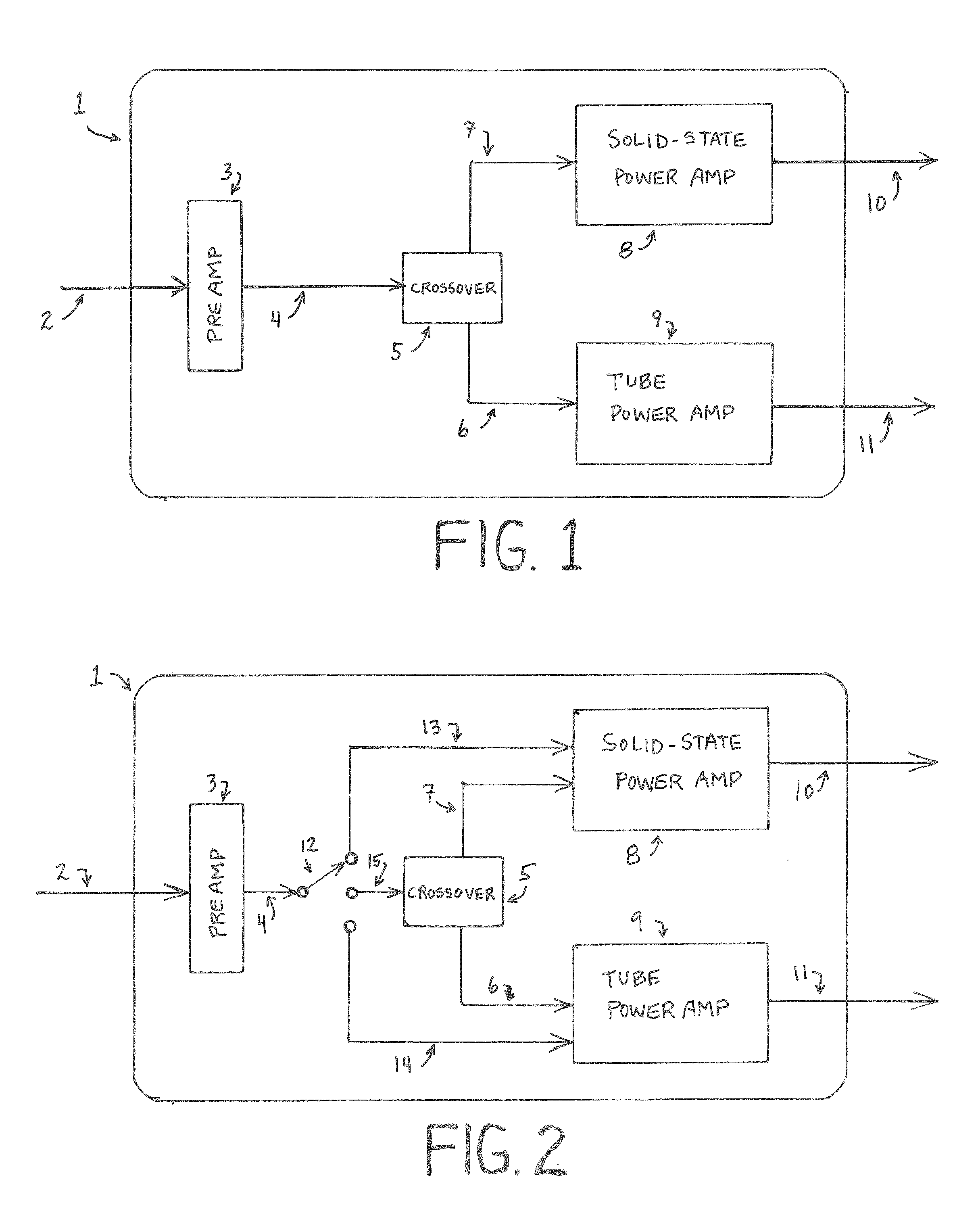 Frequency dependent dual solid-state and vacuum tube power amplifier-section instrument amplifier