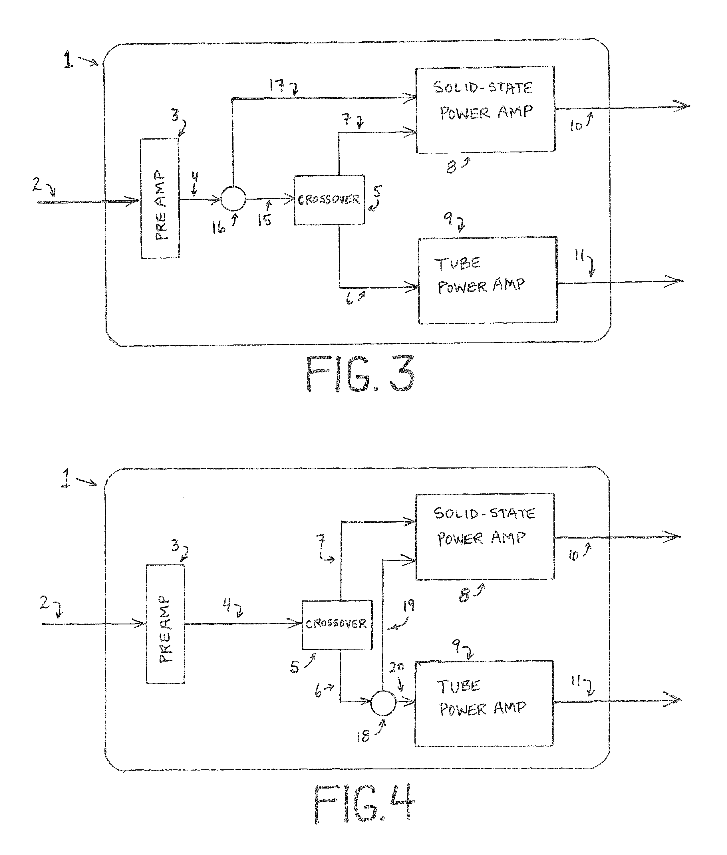 Frequency dependent dual solid-state and vacuum tube power amplifier-section instrument amplifier