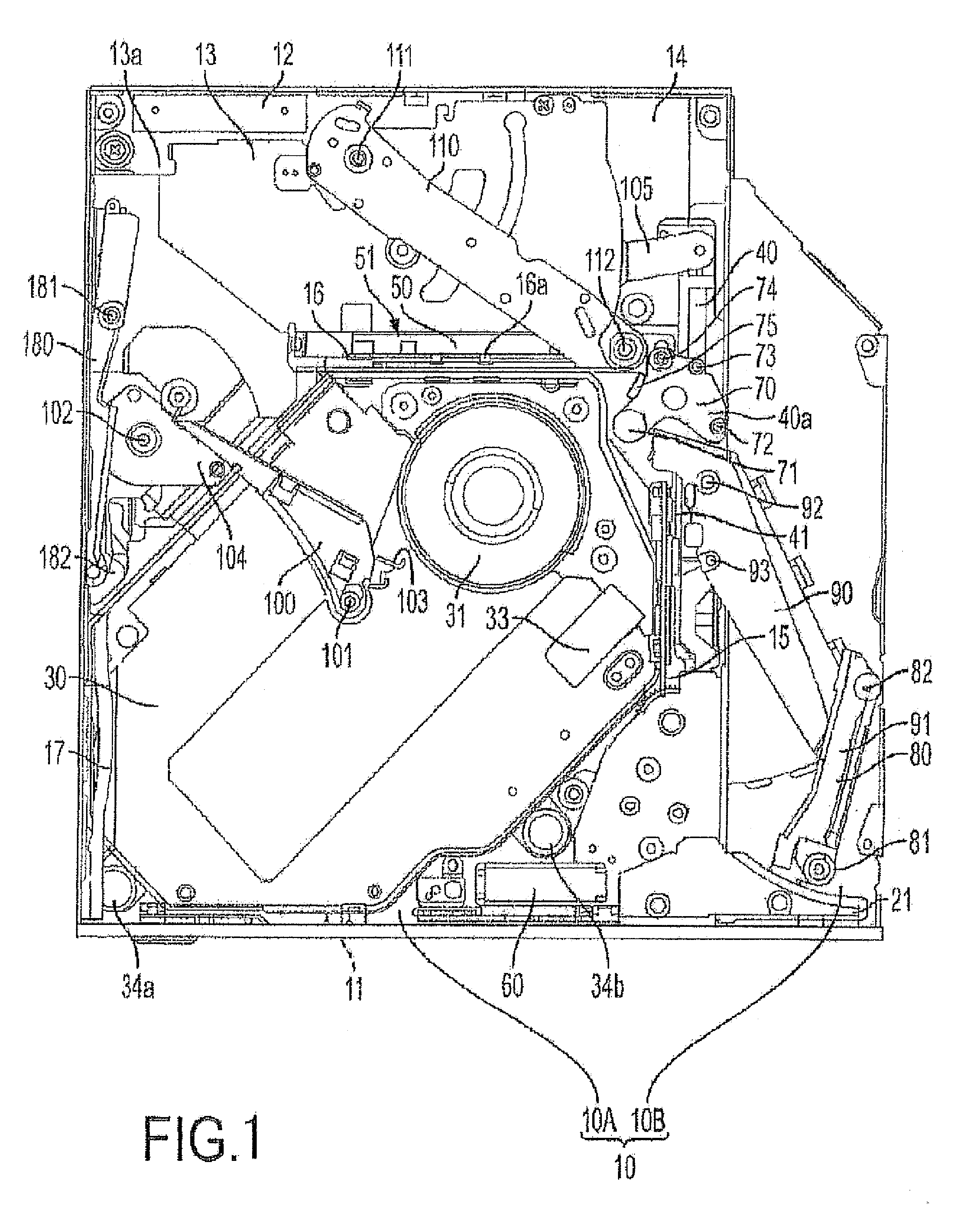 Disk apparatus with resilient member on cam mechanism connecting a main slider to a sub-slider