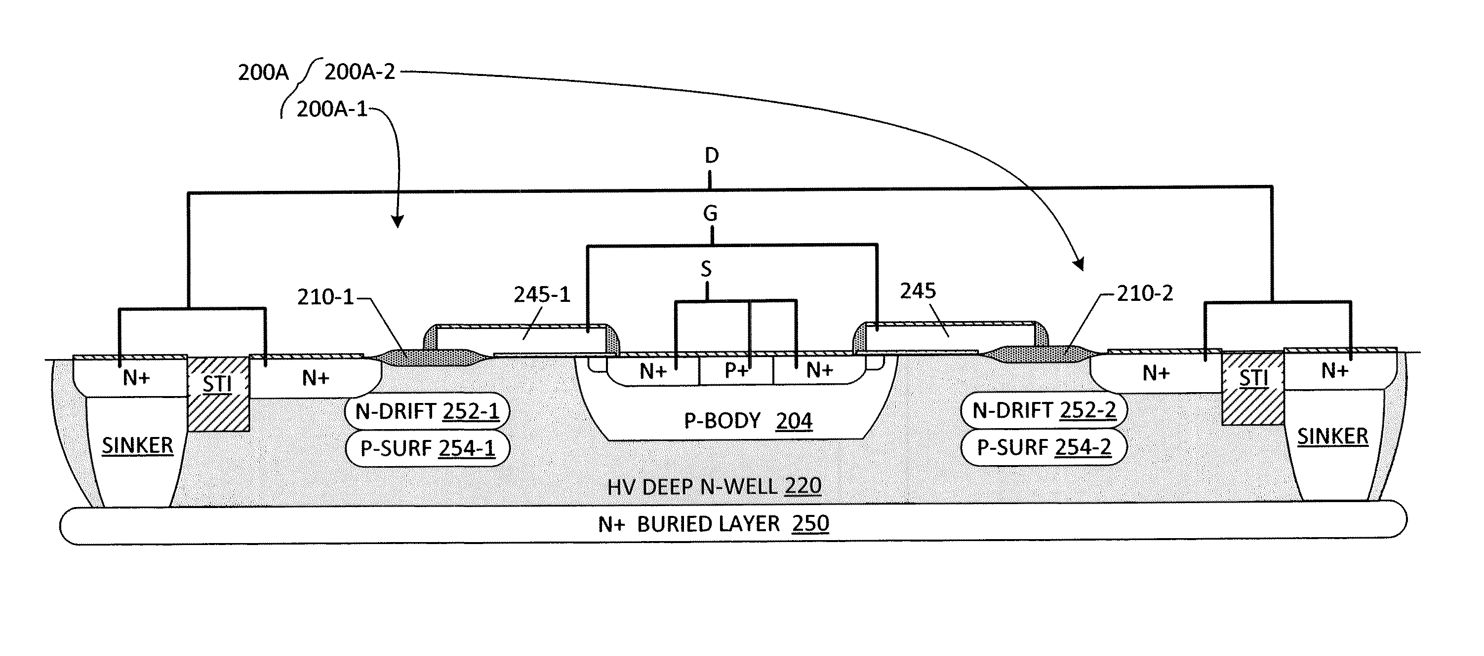 Double-Resurf LDMOS With Drift And PSURF Implants Self-Aligned To A Stacked Gate "BUMP" Structure