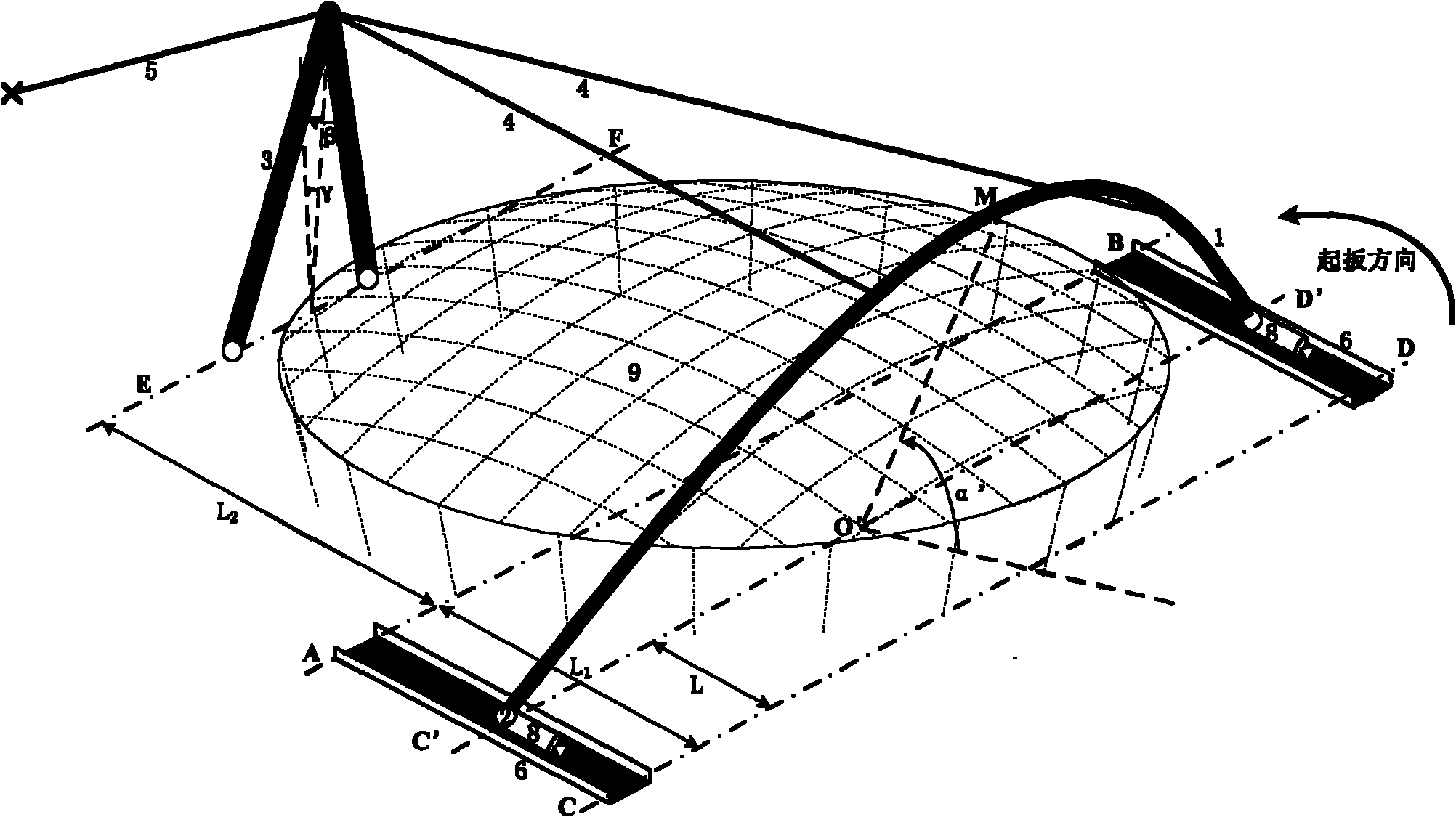 Construction method of integrally rotating, drawing up and slipping large steel arch structure