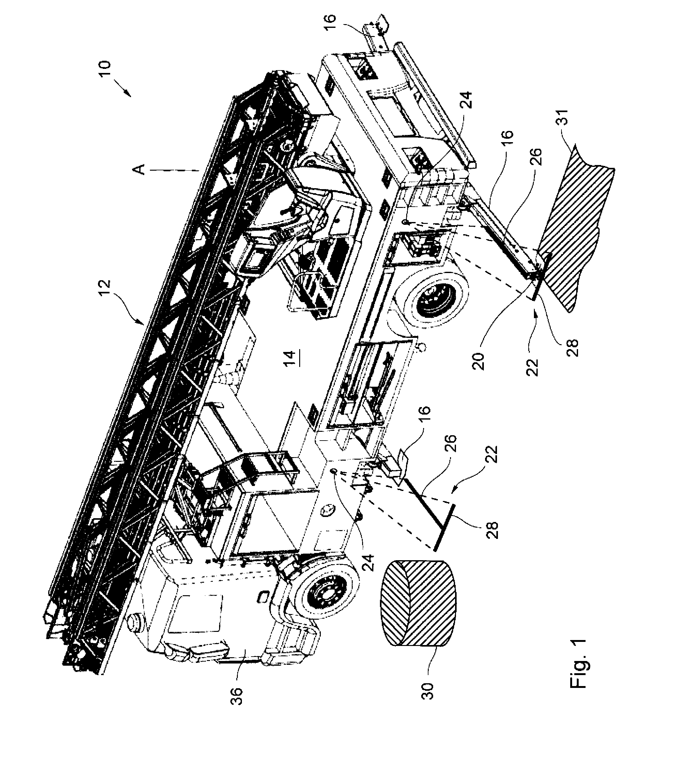 Utility vehicle with assistance system for positioning lateral ground supports