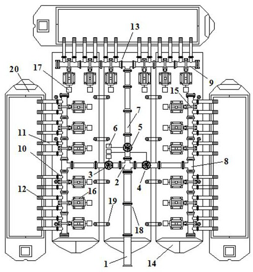 Large-scale drag suction ship bow mud blowing and conveying bifurcated pipe head loading and barge system and construction method