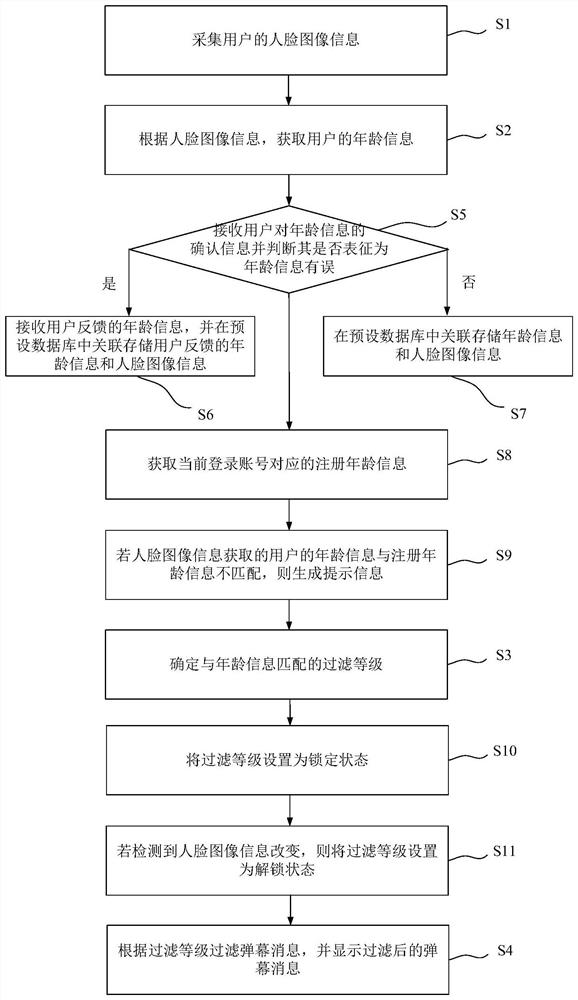 Bullet screen message display method and system based on face recognition, equipment and medium