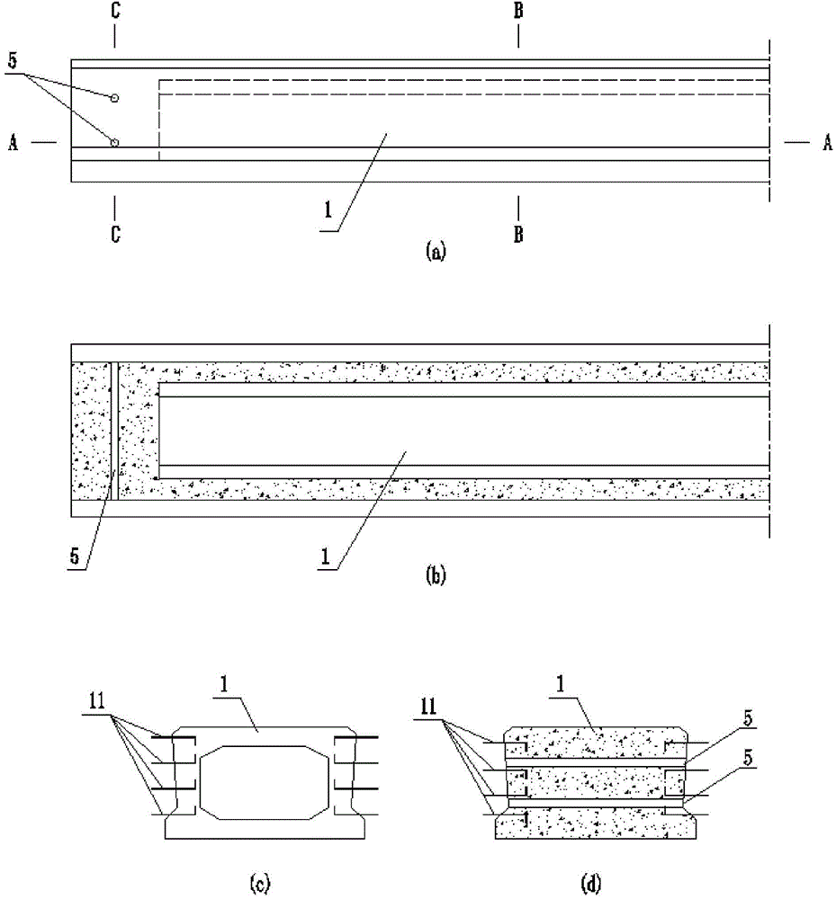 Upper structure of hollow board beam bridge and construction method thereof