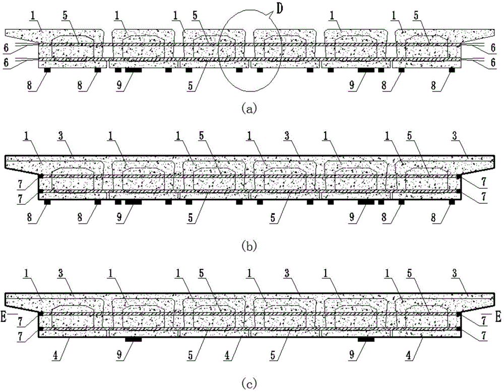 Upper structure of hollow board beam bridge and construction method thereof